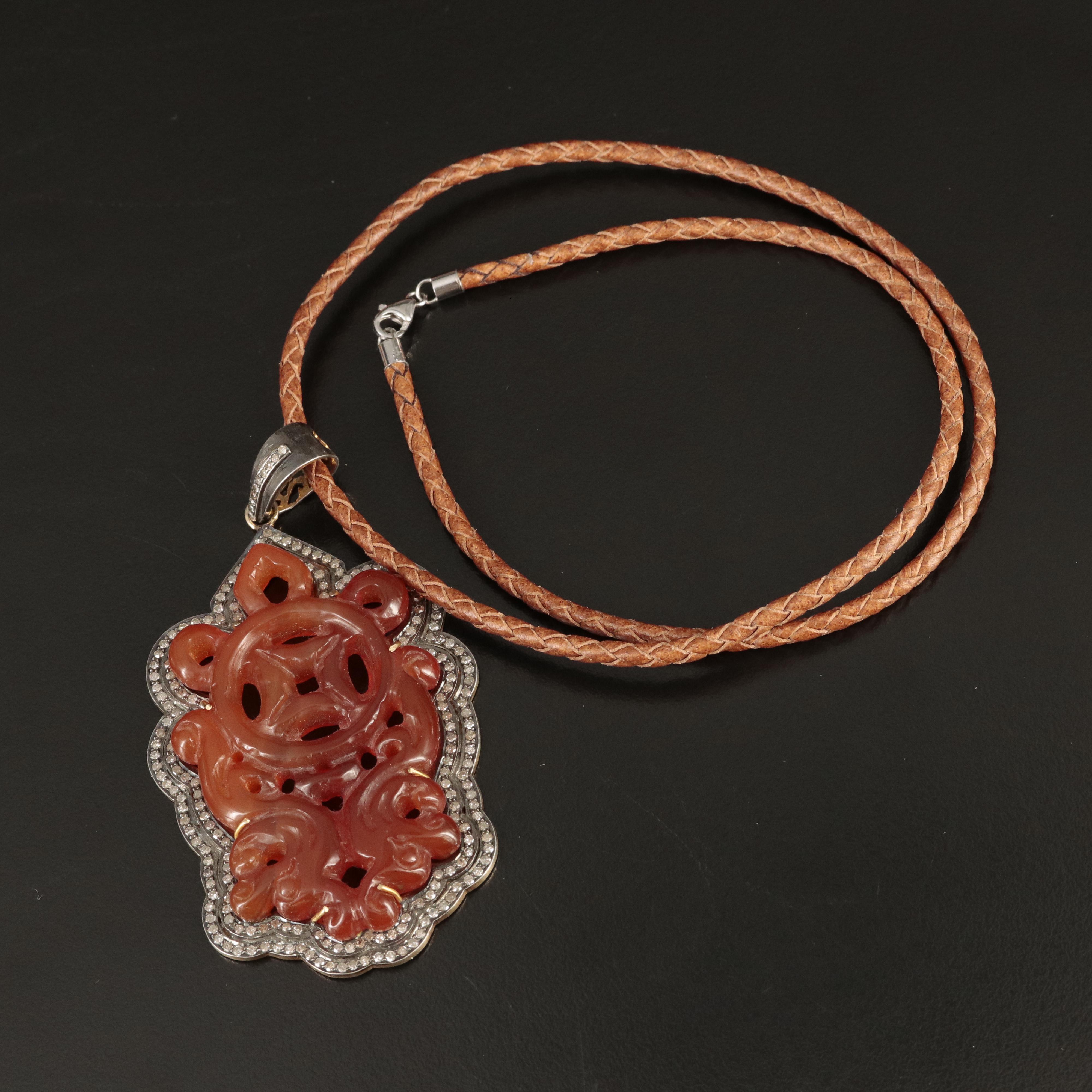 Sterling Carnelian and Diamond Pendant Necklace