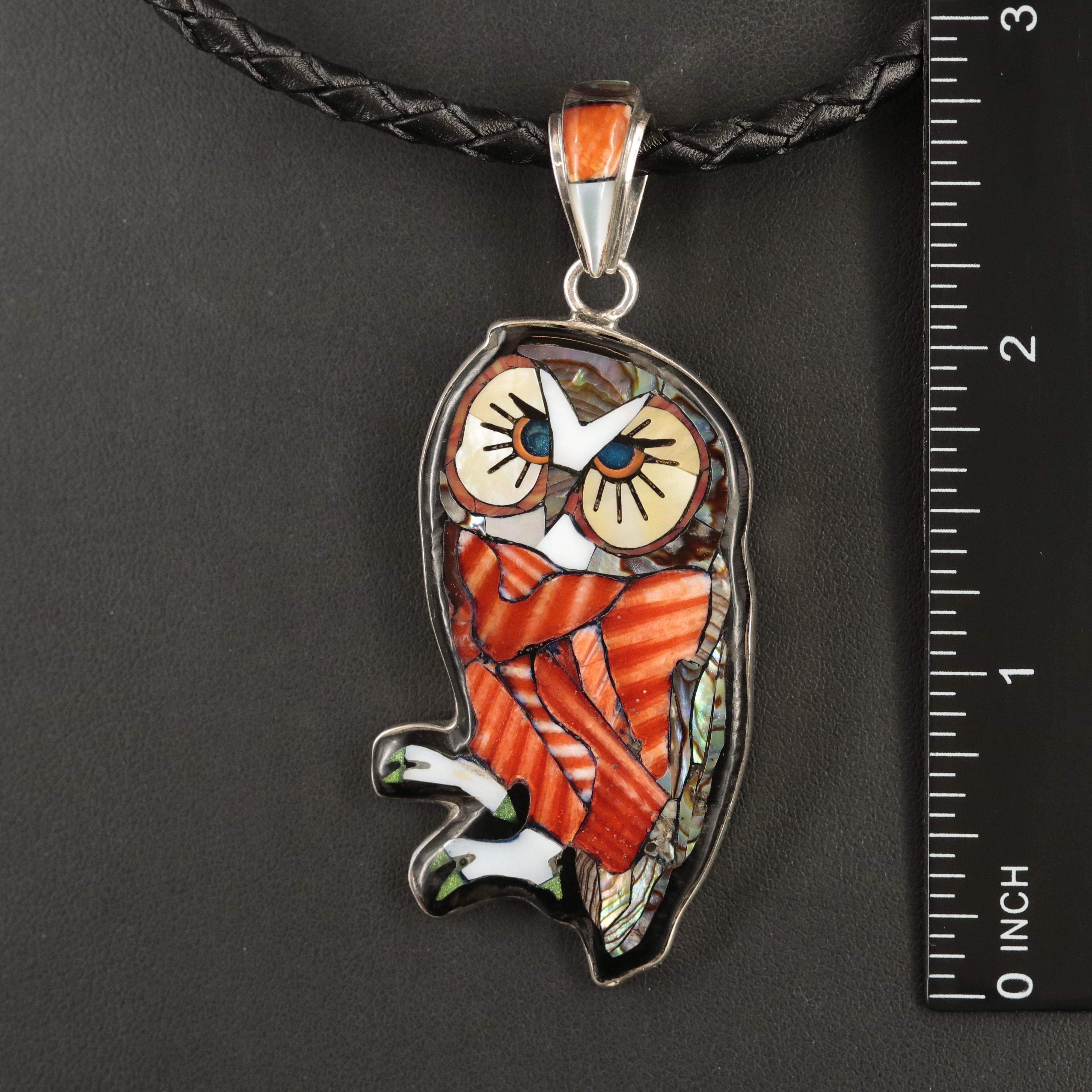 Southwestern Style Sterling Gemstone Inlay Owl Pendant Necklace
