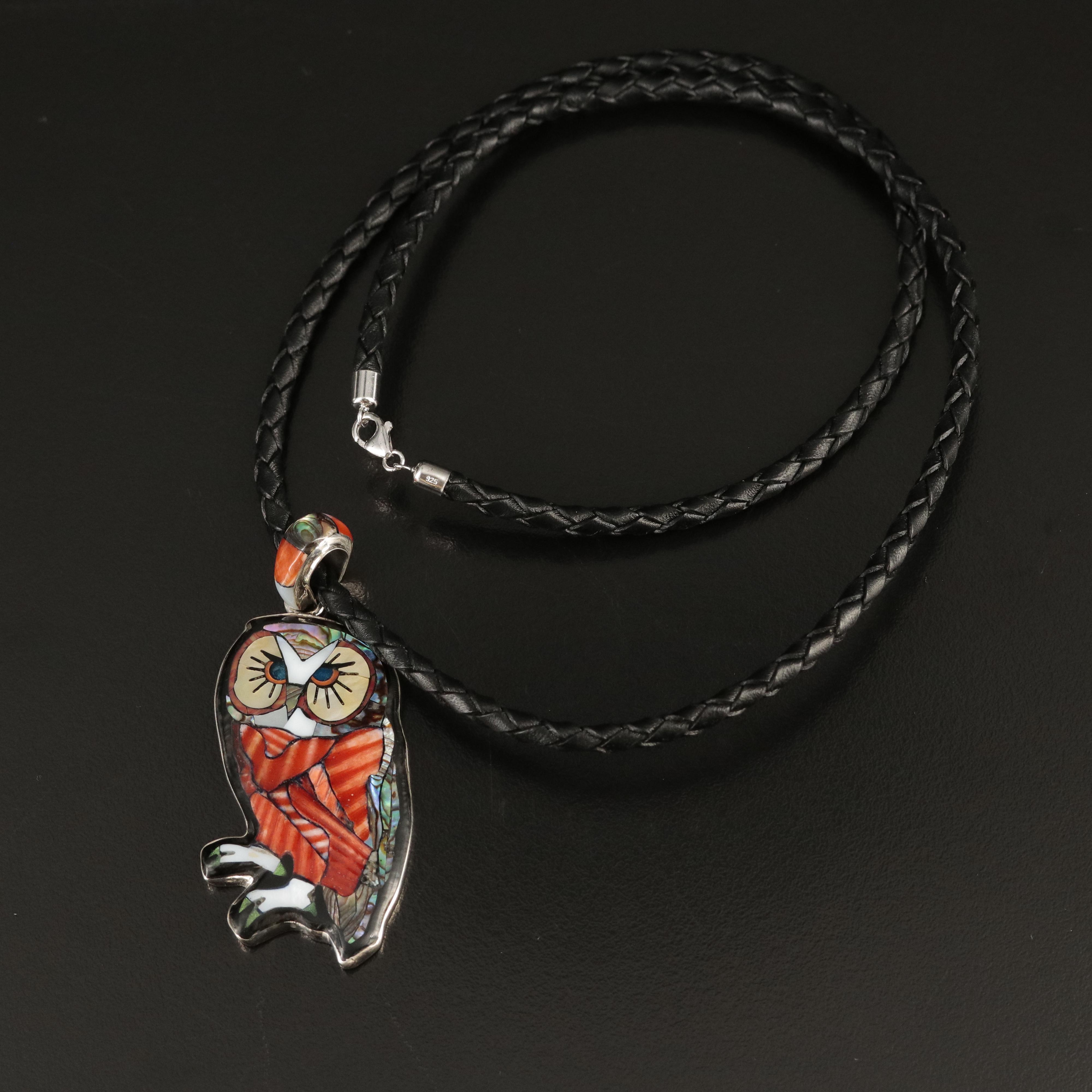 Southwestern Style Sterling Gemstone Inlay Owl Pendant Necklace