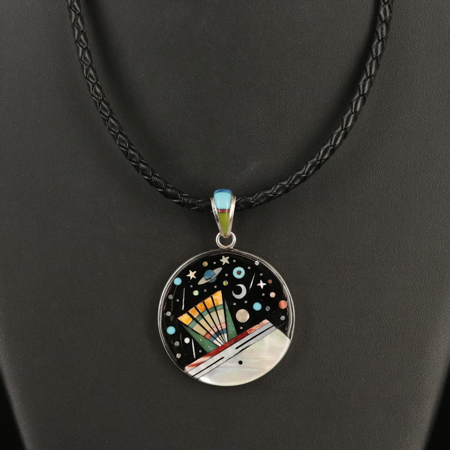 Southwestern Style Sterling Reversible Inlay Pendant Necklace