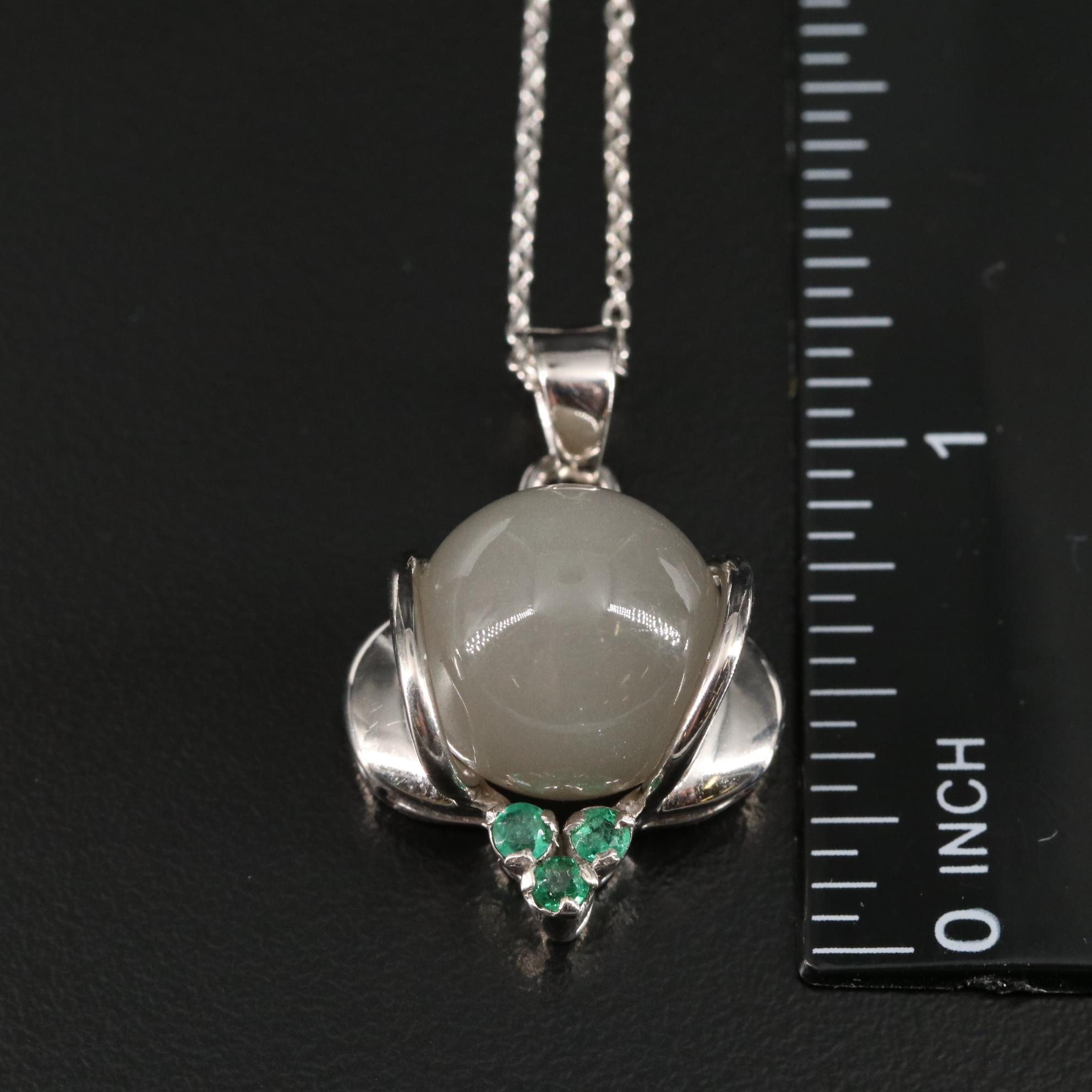 Sterling Moonstone and Emerald Pendant Necklace