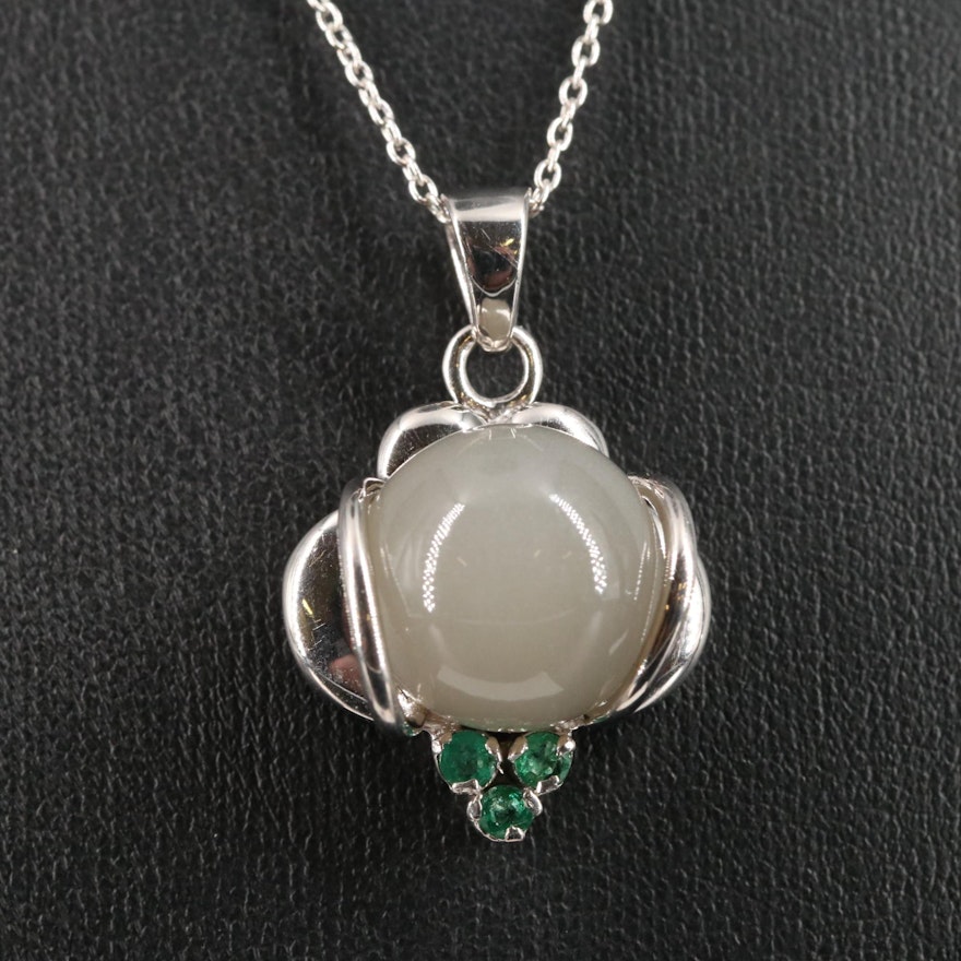 Sterling Moonstone and Emerald Pendant Necklace