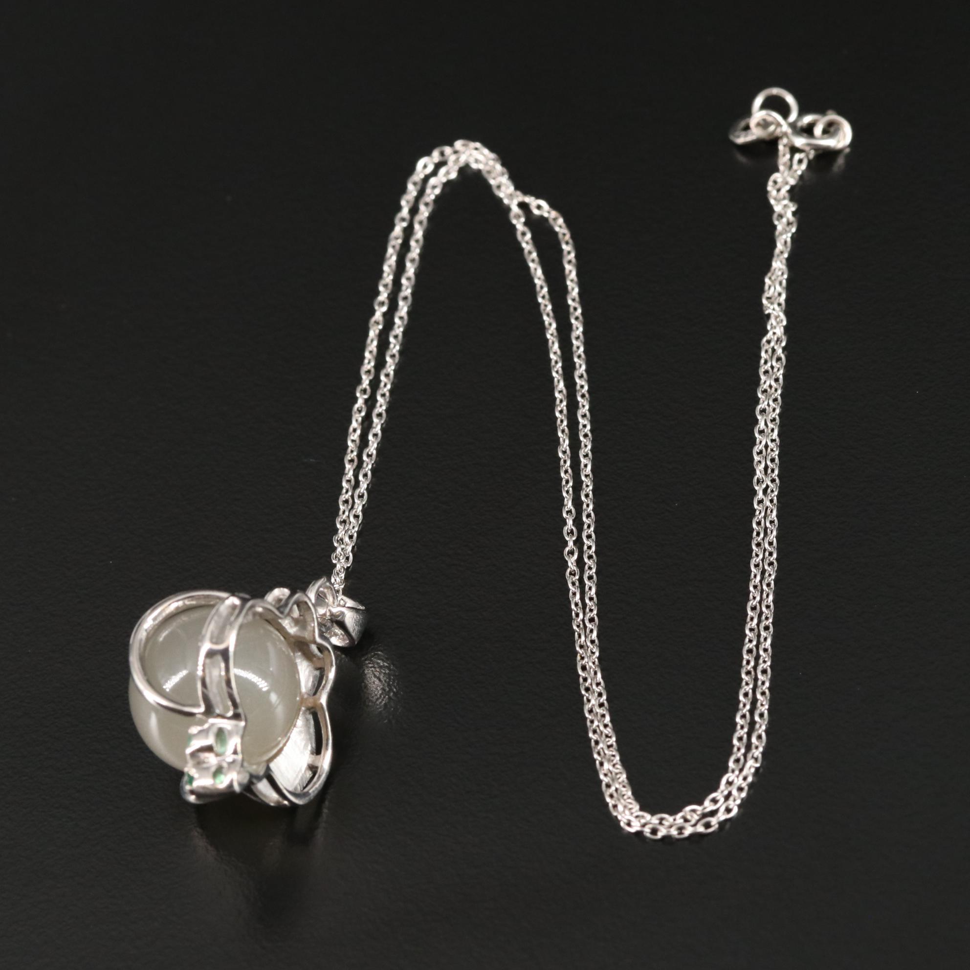 Sterling Moonstone and Emerald Pendant Necklace