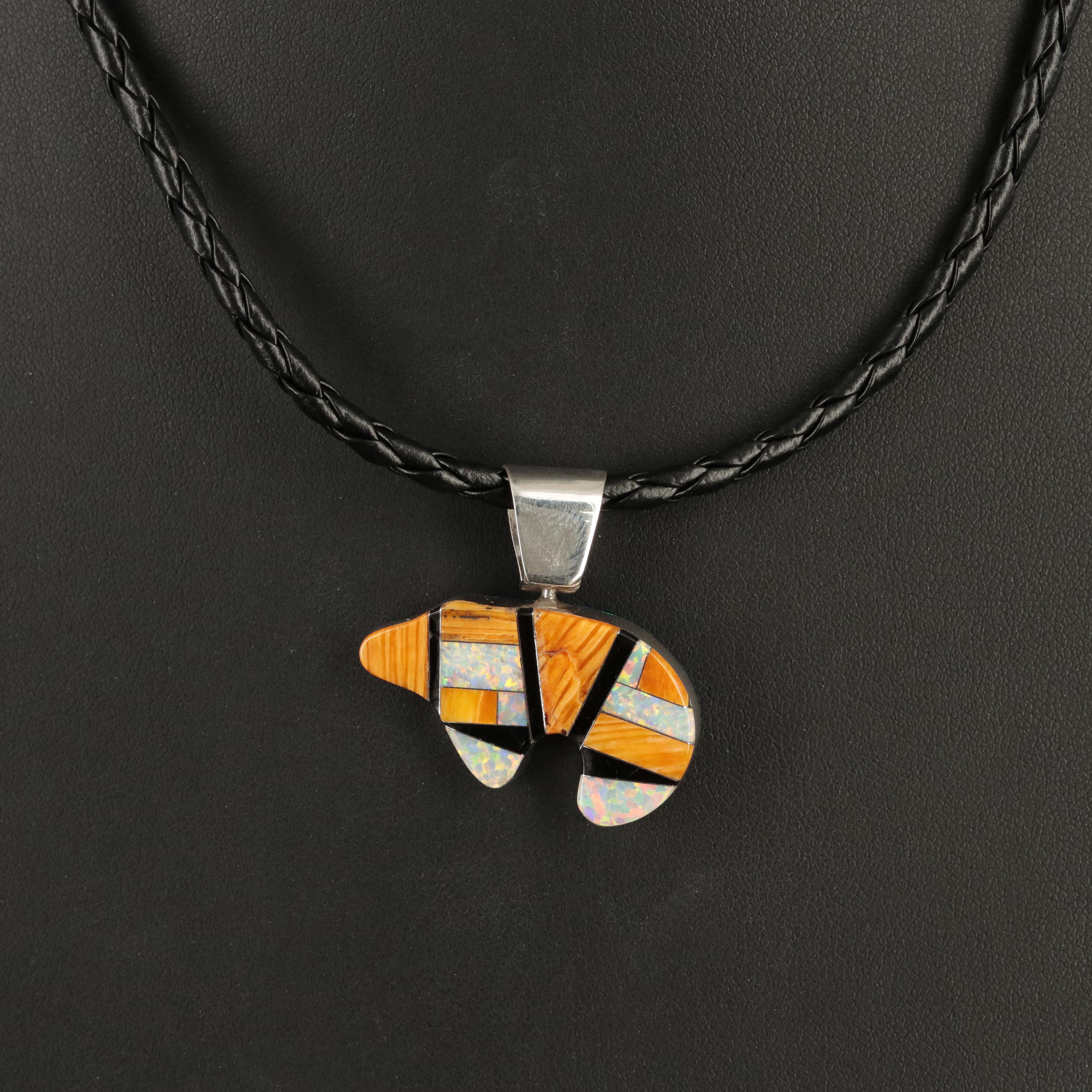 Signed Southwestern Style Sterling Reversible Bear Fetish Inlay Pendant Necklace