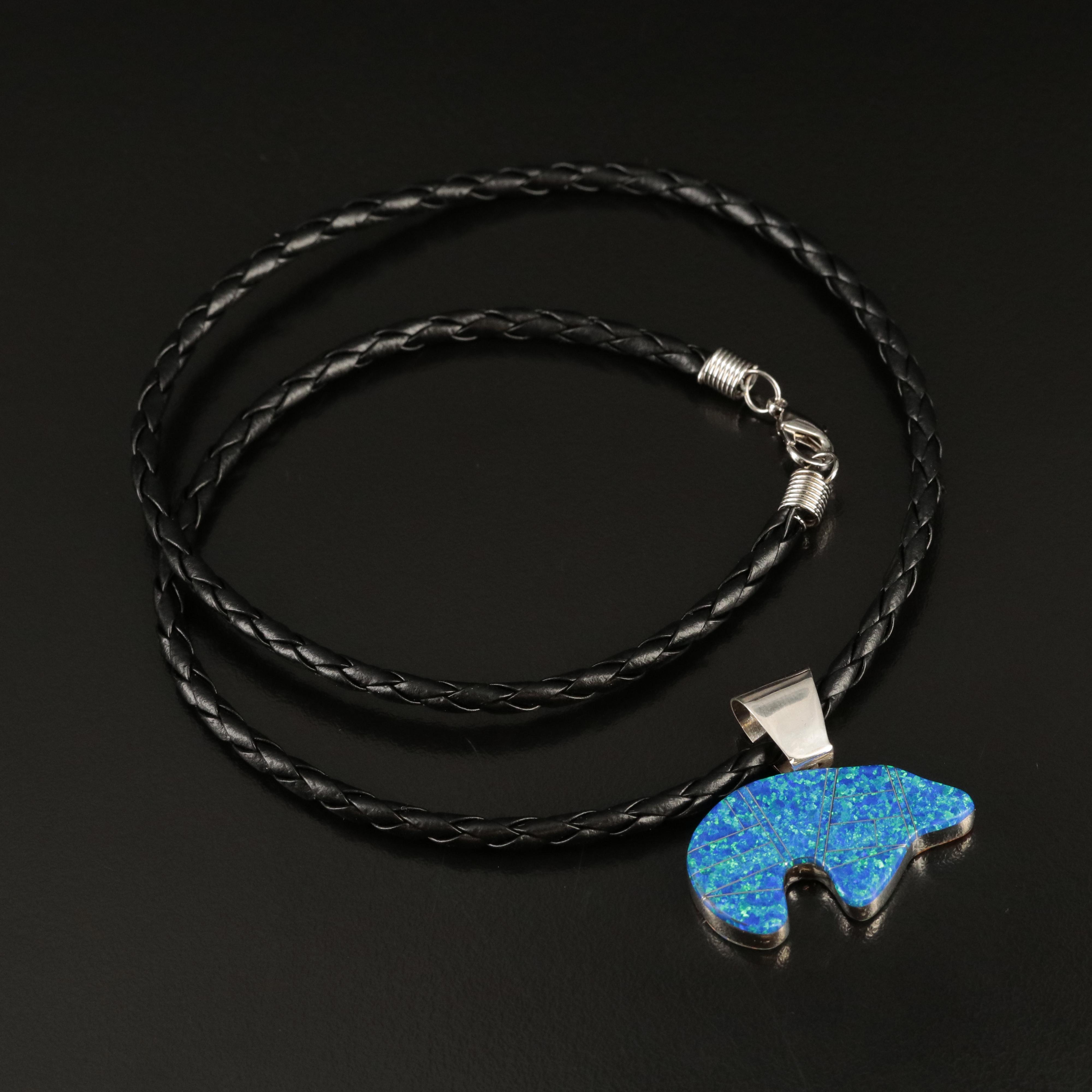 Signed Southwestern Style Sterling Reversible Bear Fetish Inlay Pendant Necklace