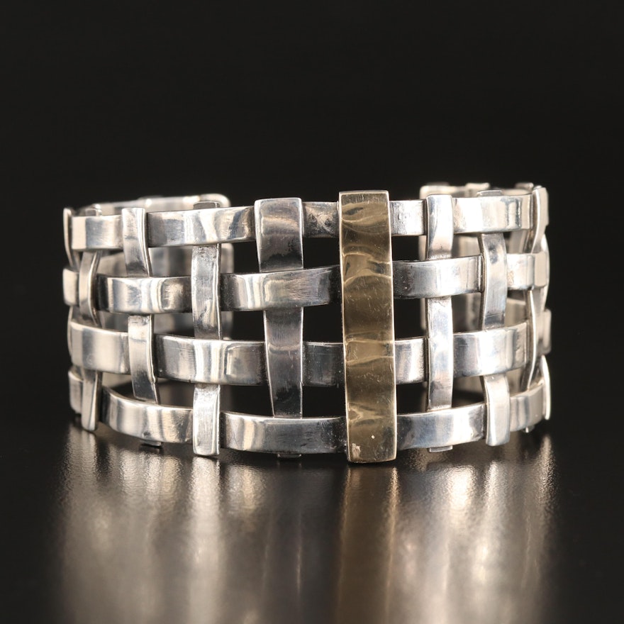 Artisan Signed Sterling Basket Weave Cuff with 14K Accent