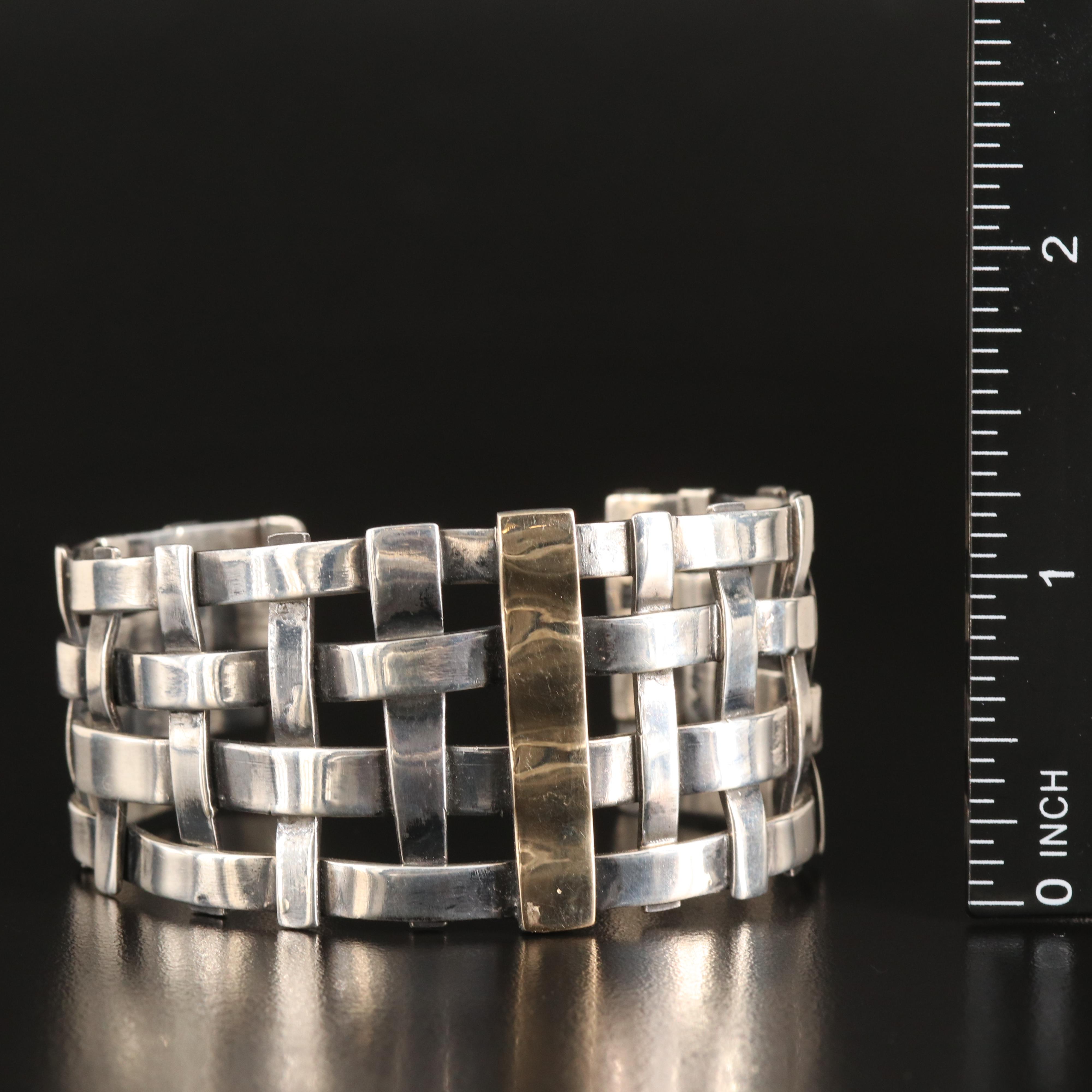 Artisan Signed Sterling Basket Weave Cuff with 14K Accent
