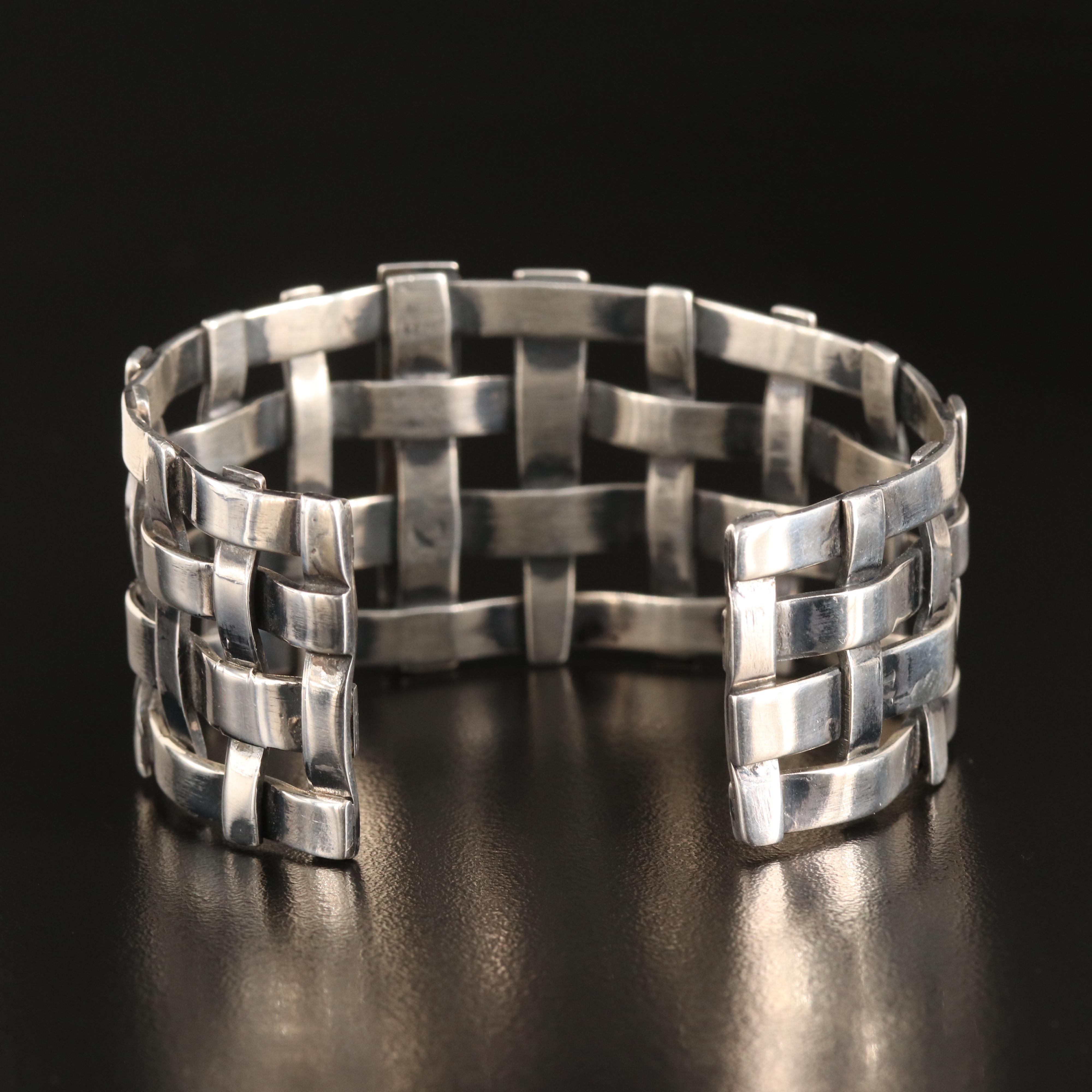 Artisan Signed Sterling Basket Weave Cuff with 14K Accent
