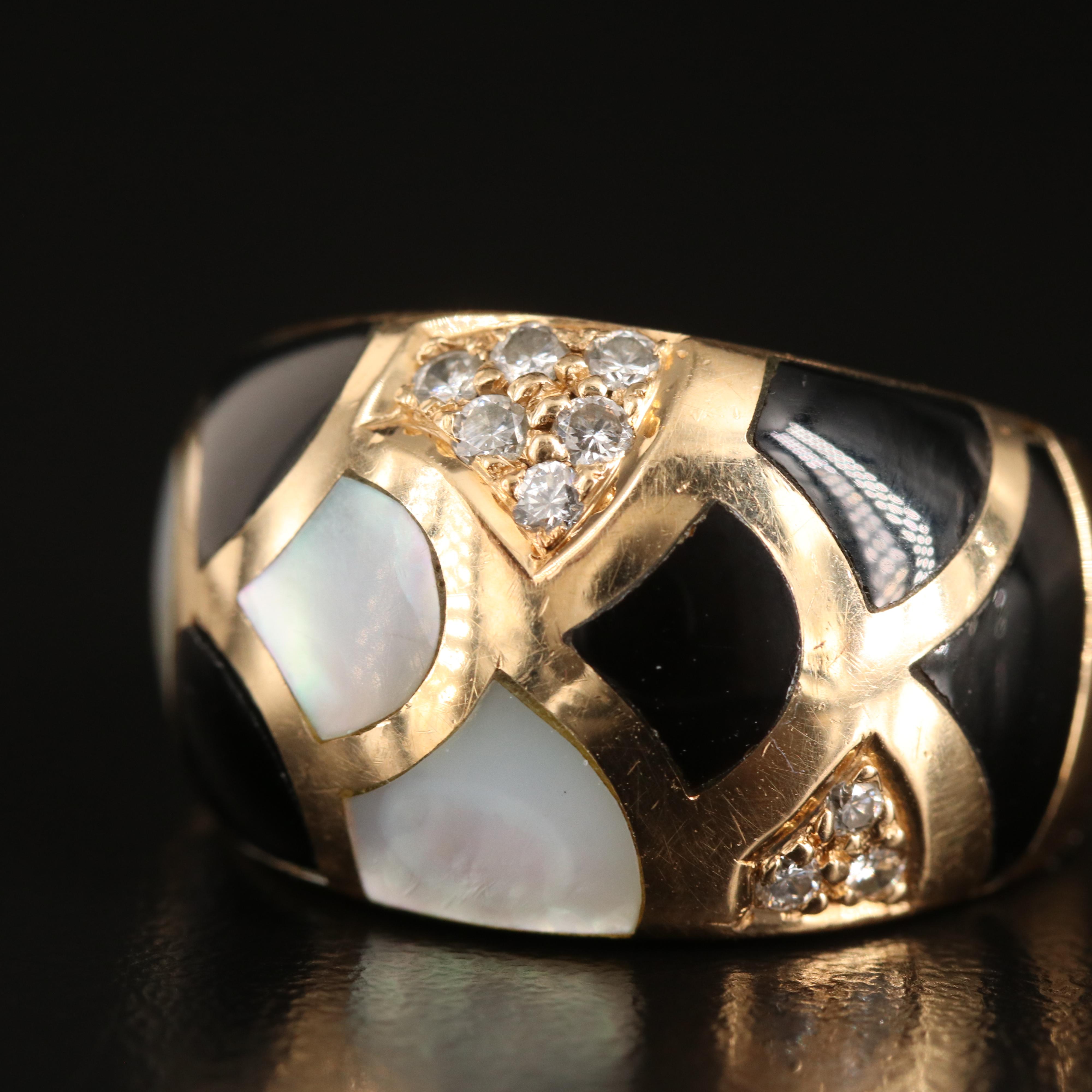 14K Mother-of-Pearl, Black Onyx and Diamond Scale Inlay Dome Ring