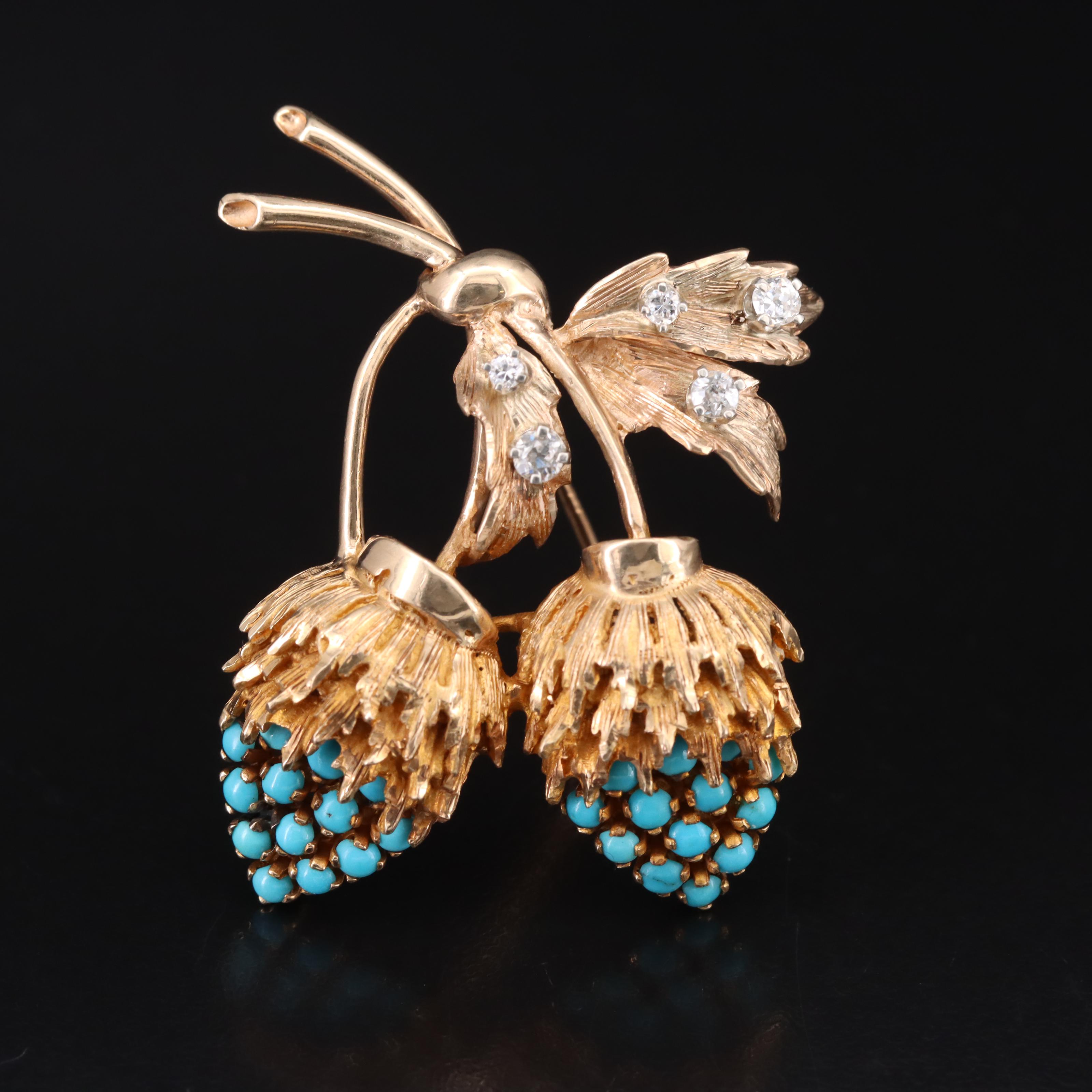 Vintage 14K Turquoise and Diamond Thistle Brooch