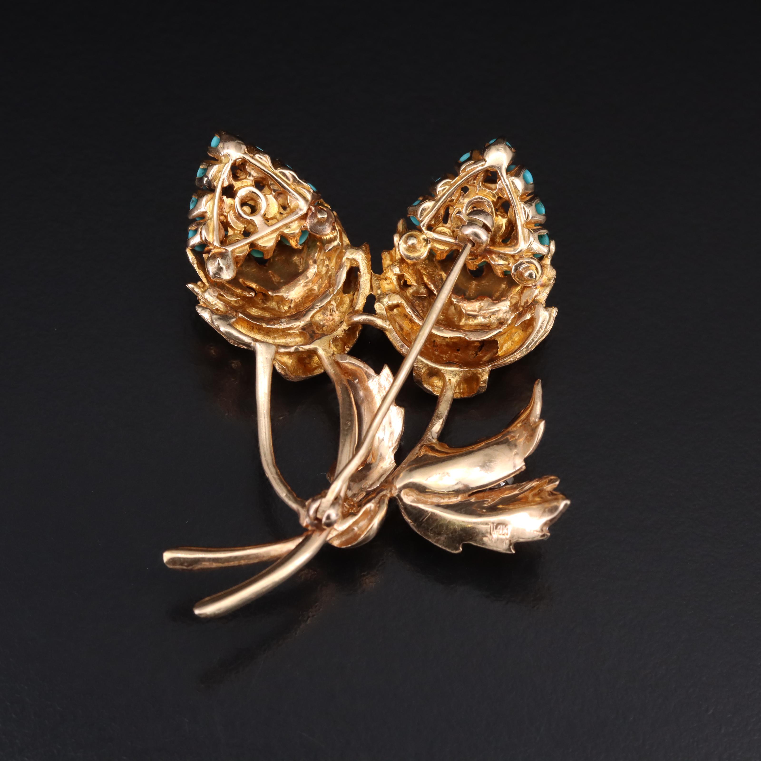 Vintage 14K Turquoise and Diamond Thistle Brooch