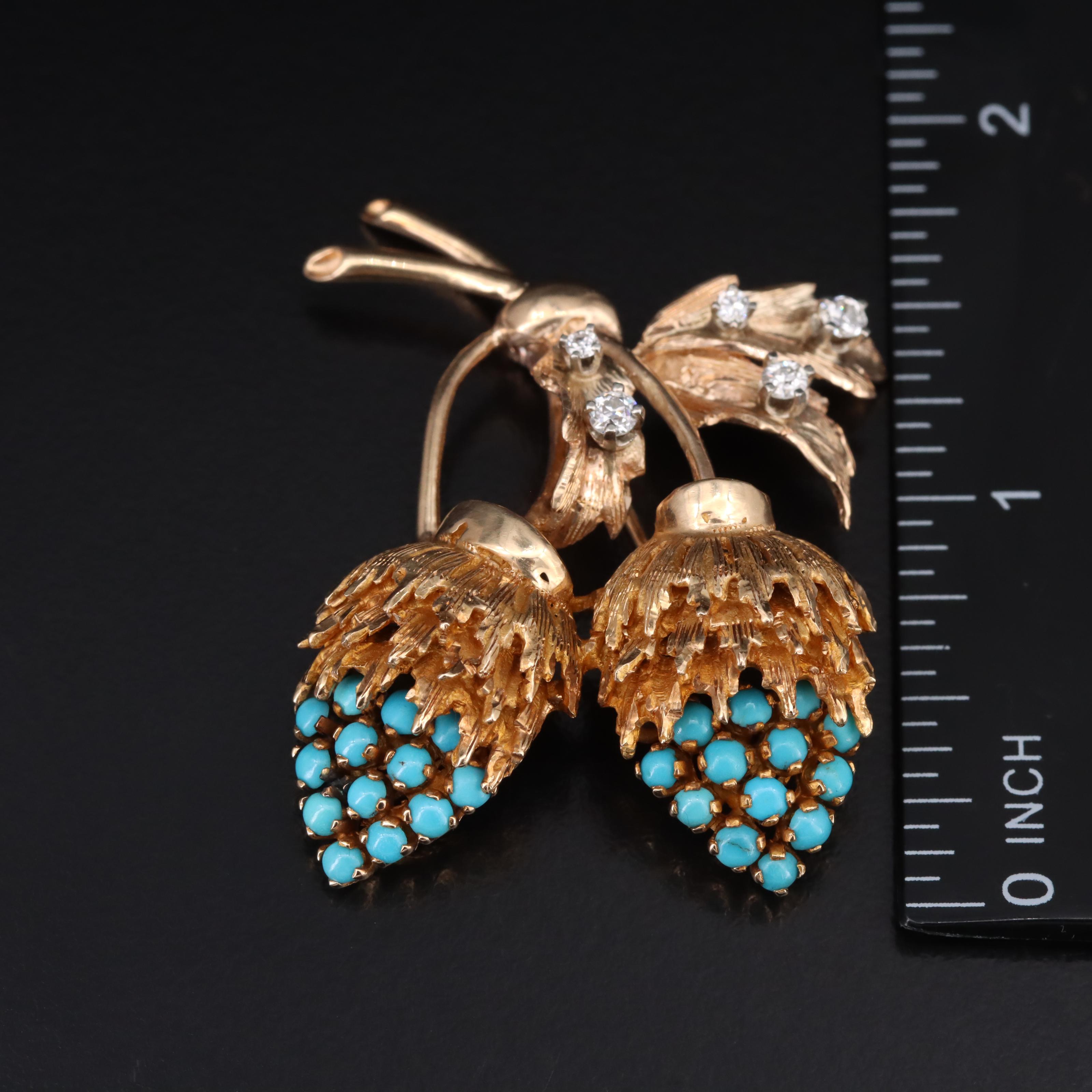 Vintage 14K Turquoise and Diamond Thistle Brooch