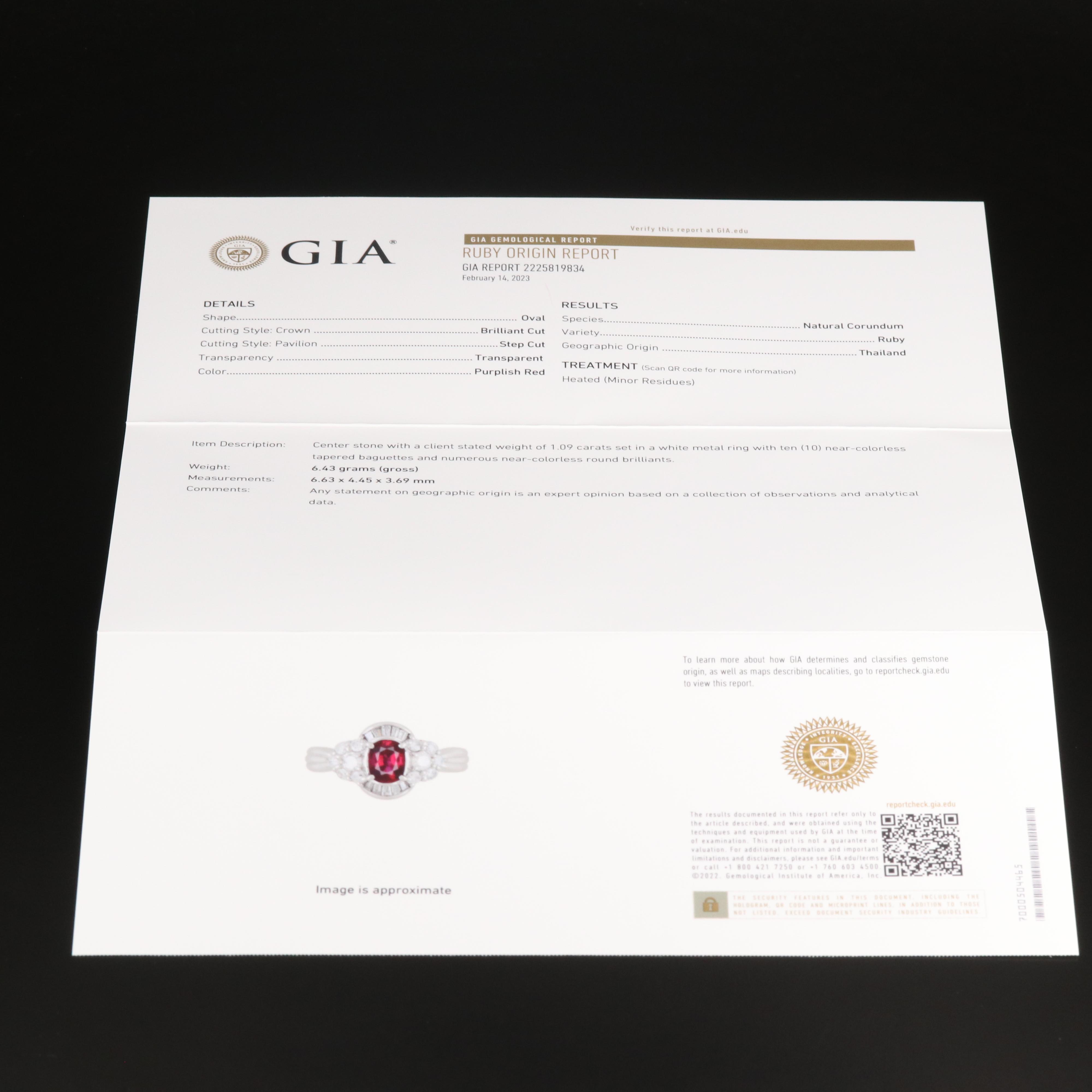 Platinum 1.09 CT Thai Ruby and Diamond Ring with GIA Report