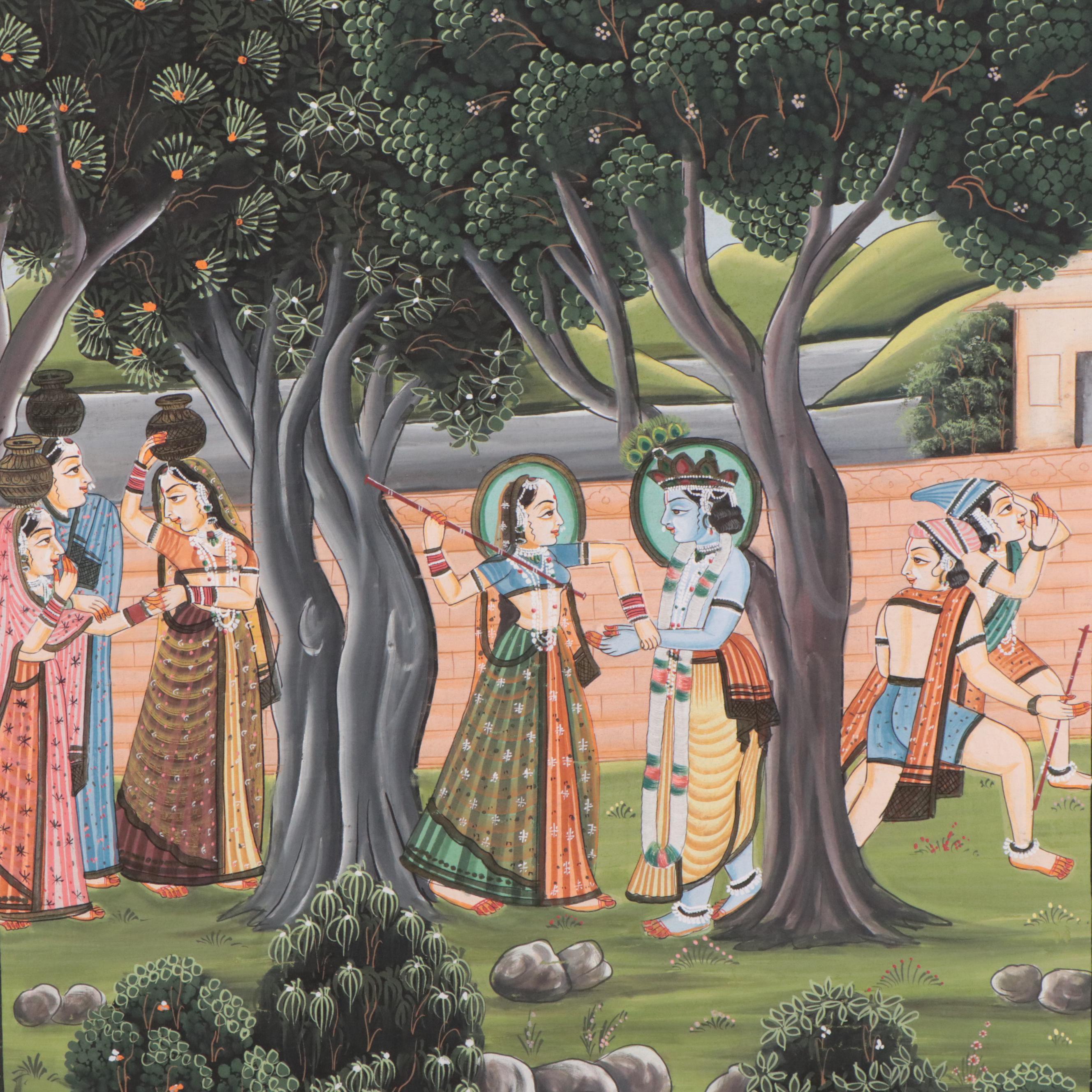 Indian Rajput Gouache Painting of Krishna and Radha