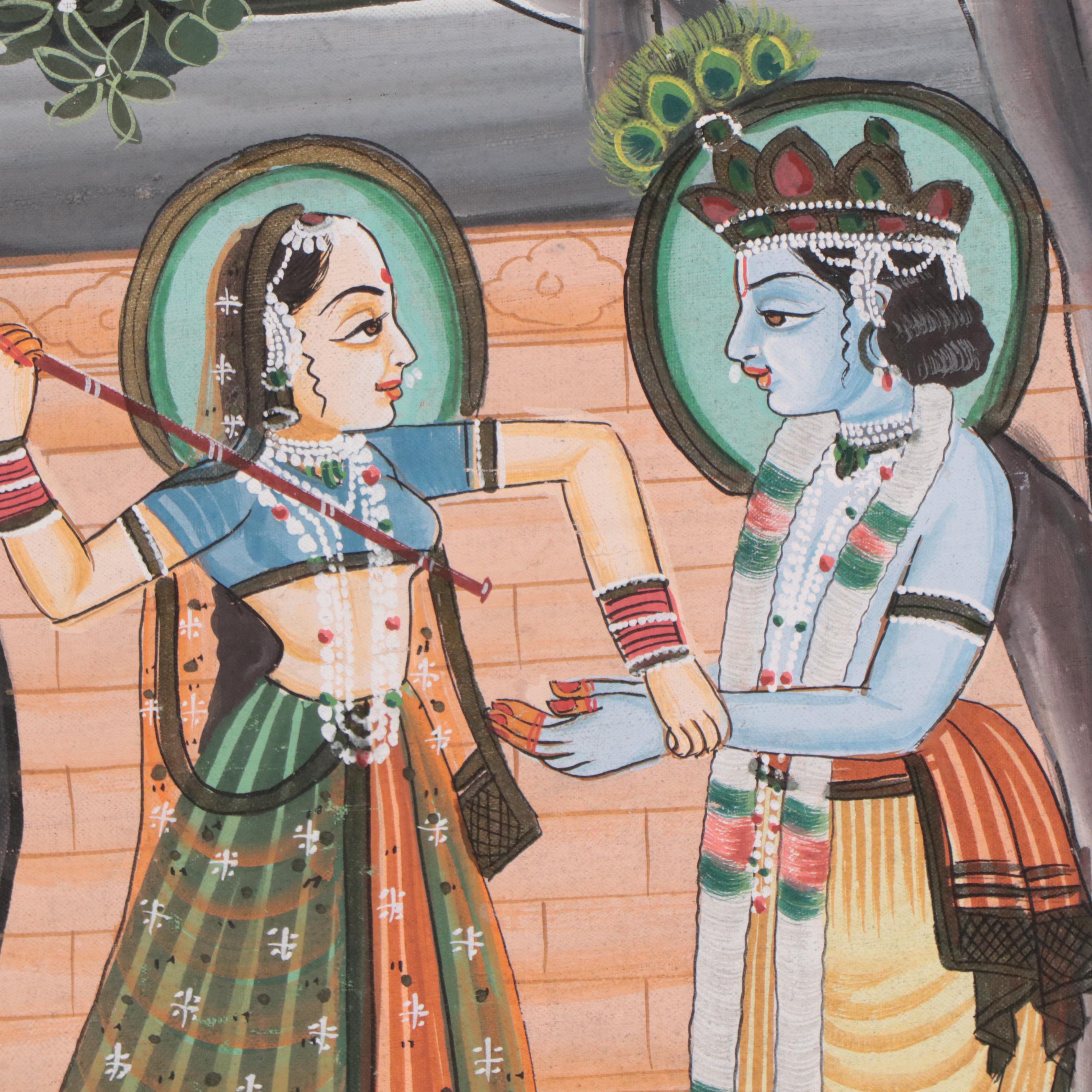 Indian Rajput Gouache Painting of Krishna and Radha