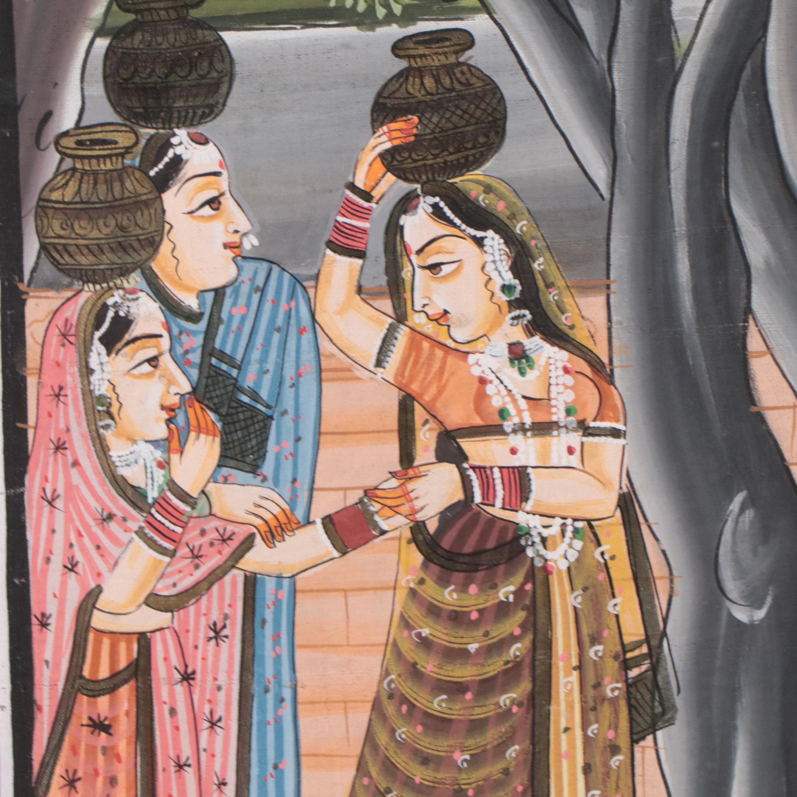 Indian Rajput Gouache Painting of Krishna and Radha