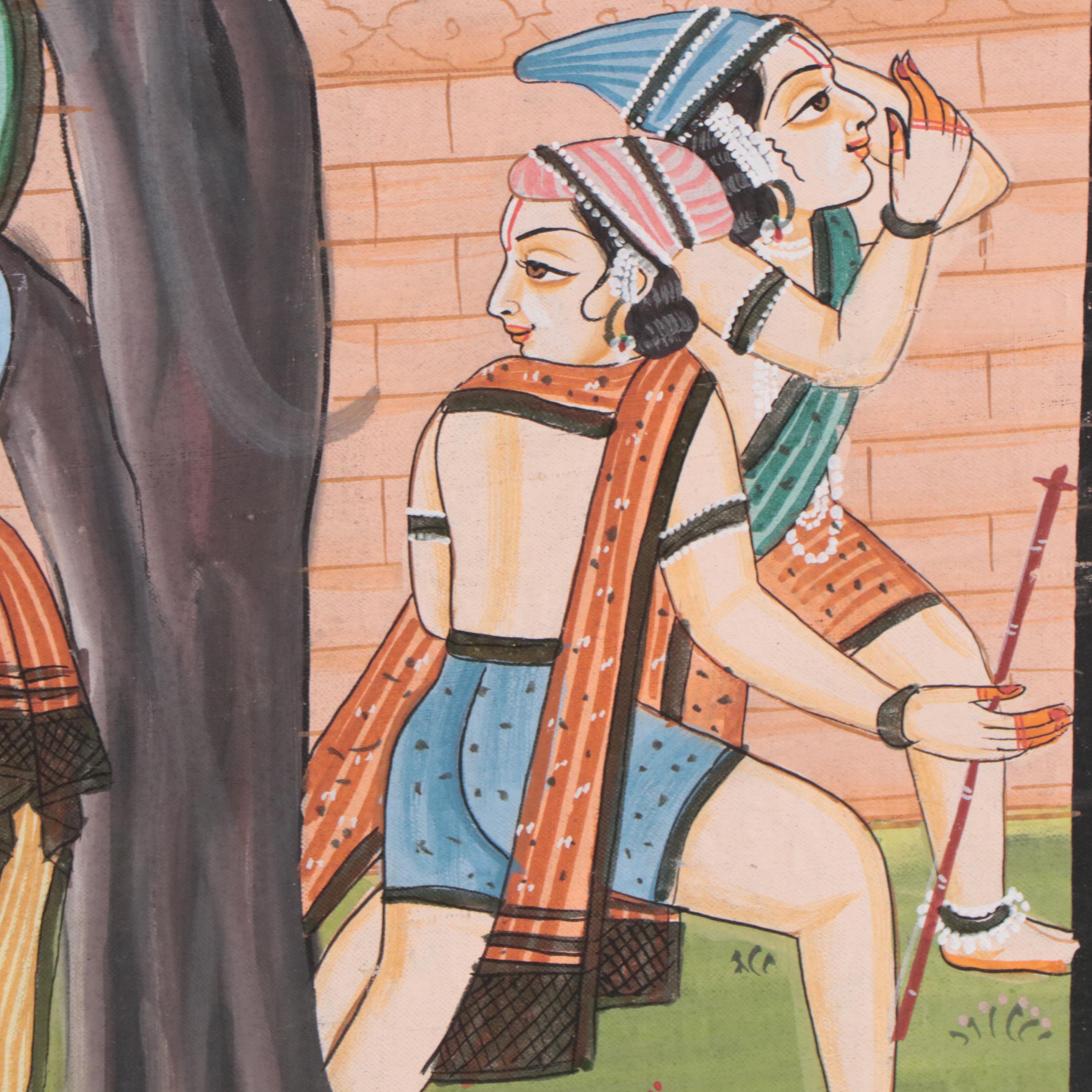Indian Rajput Gouache Painting of Krishna and Radha