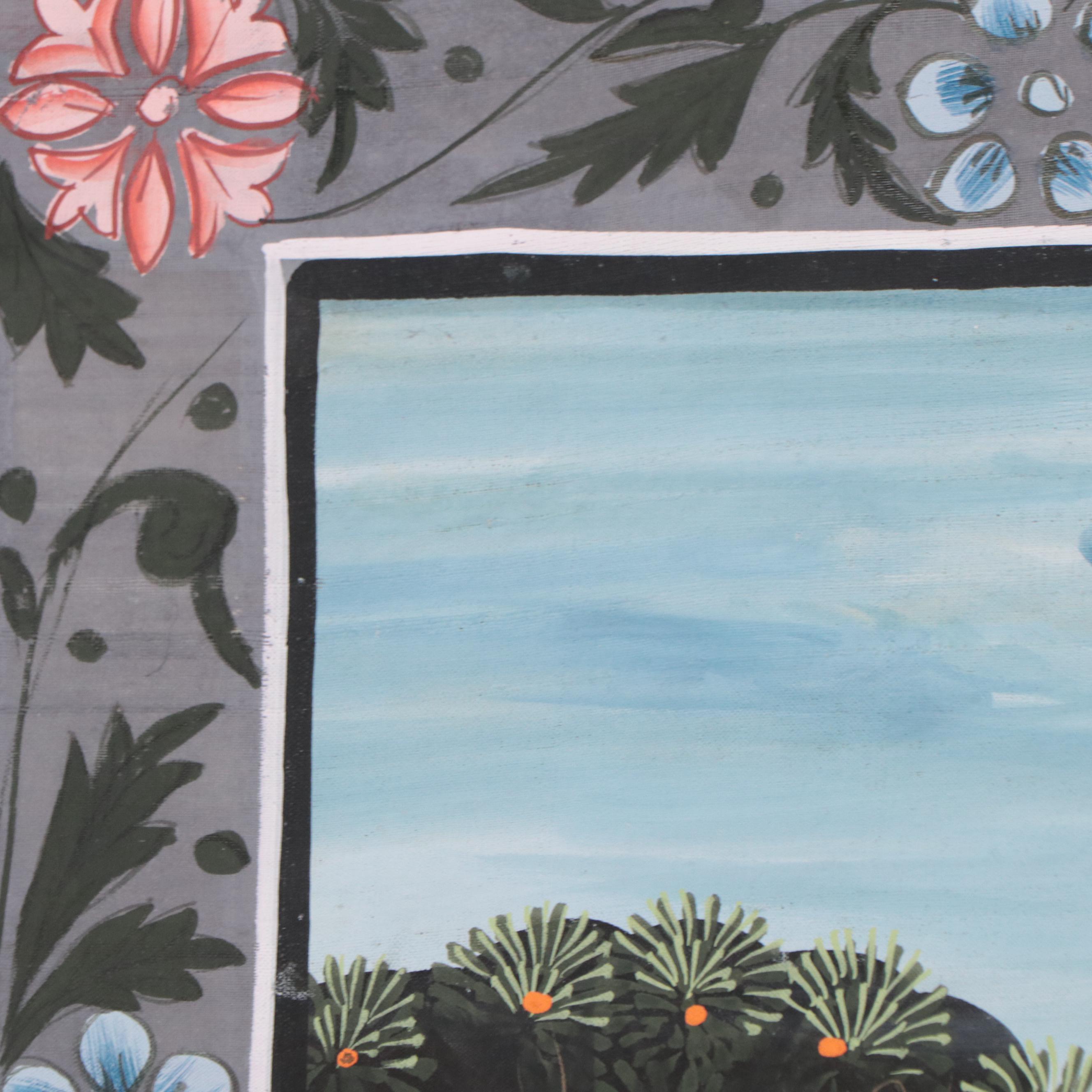 Indian Rajput Gouache Painting of Krishna and Radha