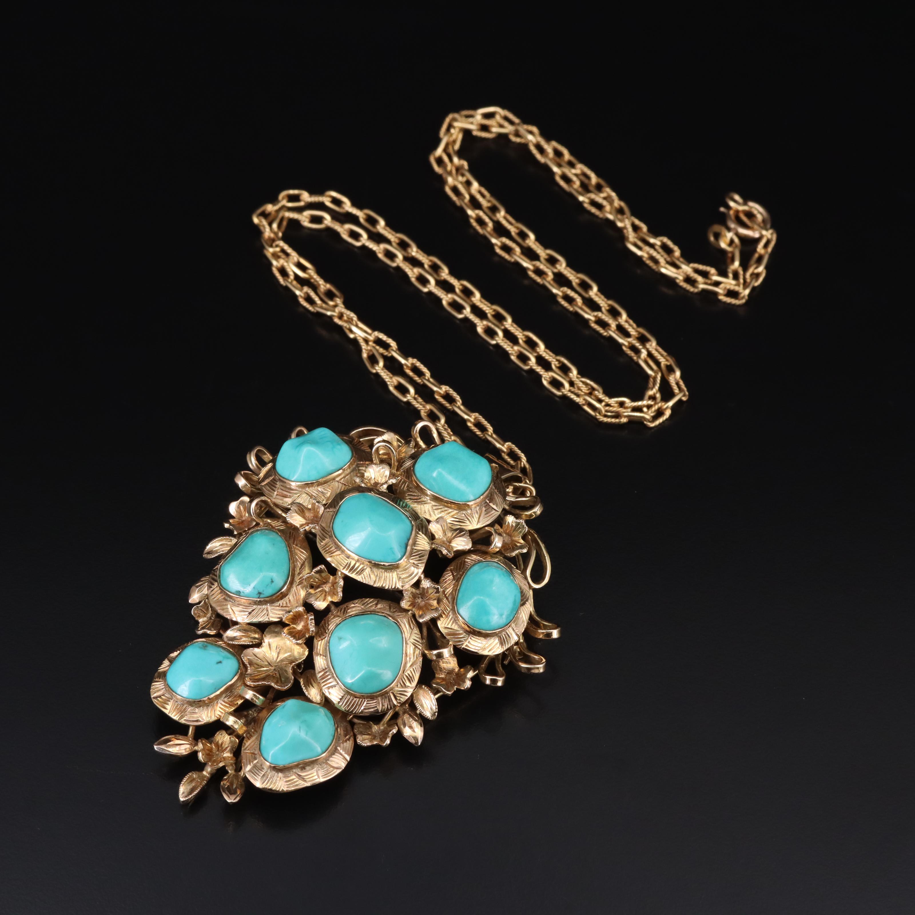 Alessi Domenico 14K Turquoise Converter Brooch on 18K Cable Necklace