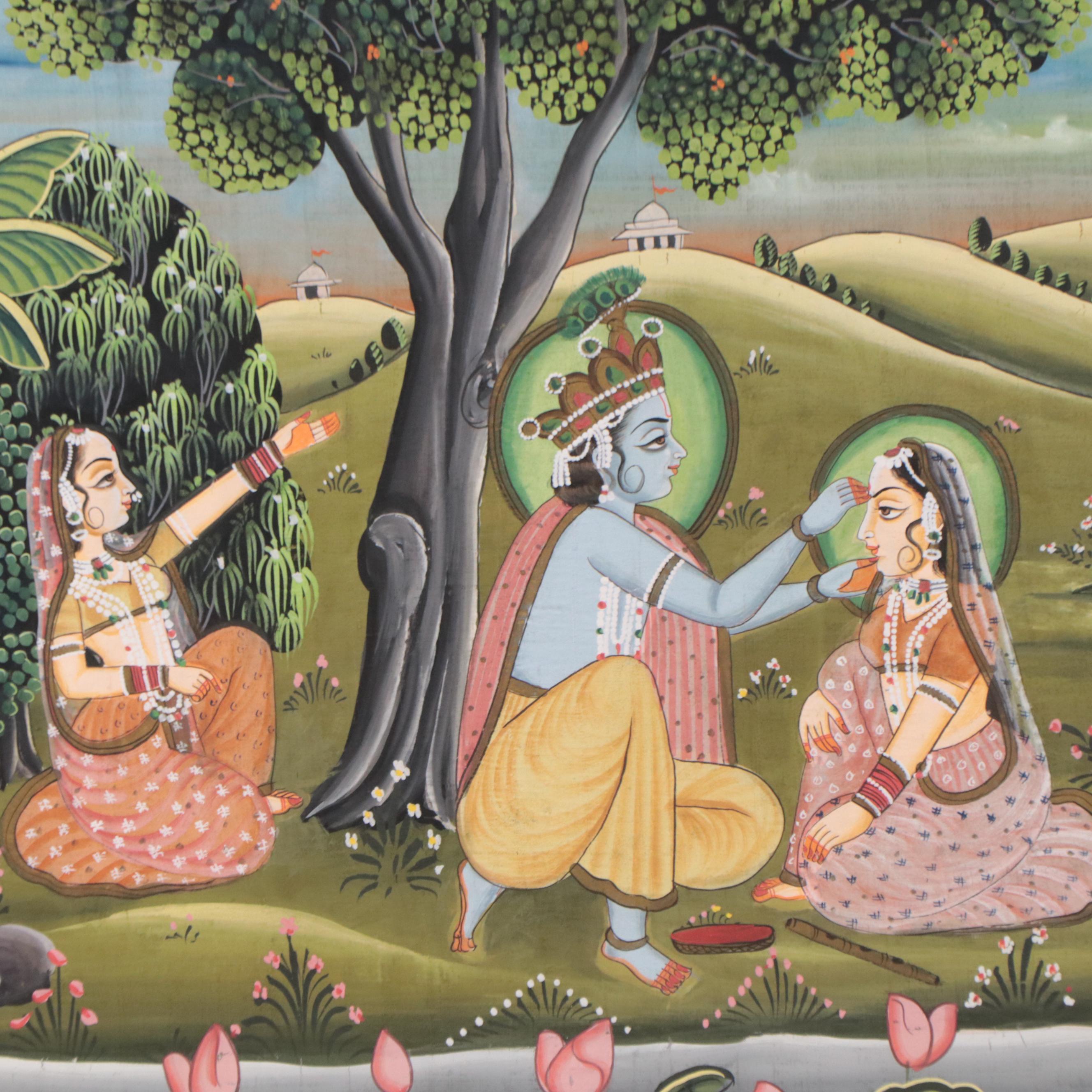 Indian Rajput Gouache Painting of Krishna and Radha