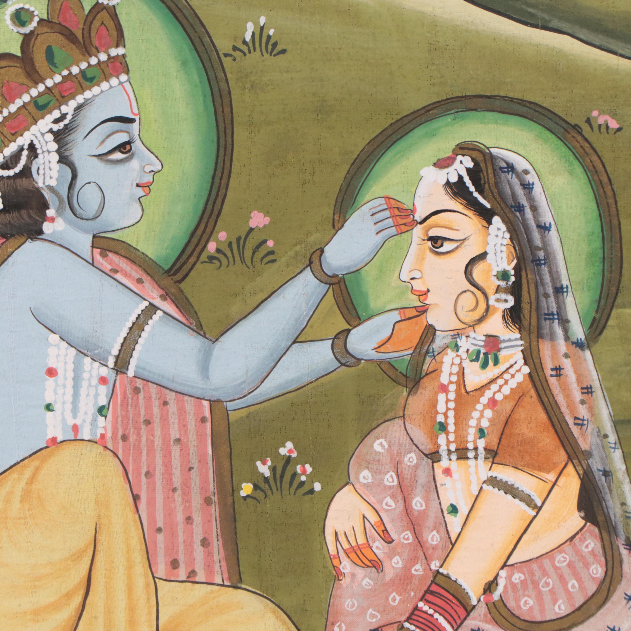 Indian Rajput Gouache Painting of Krishna and Radha