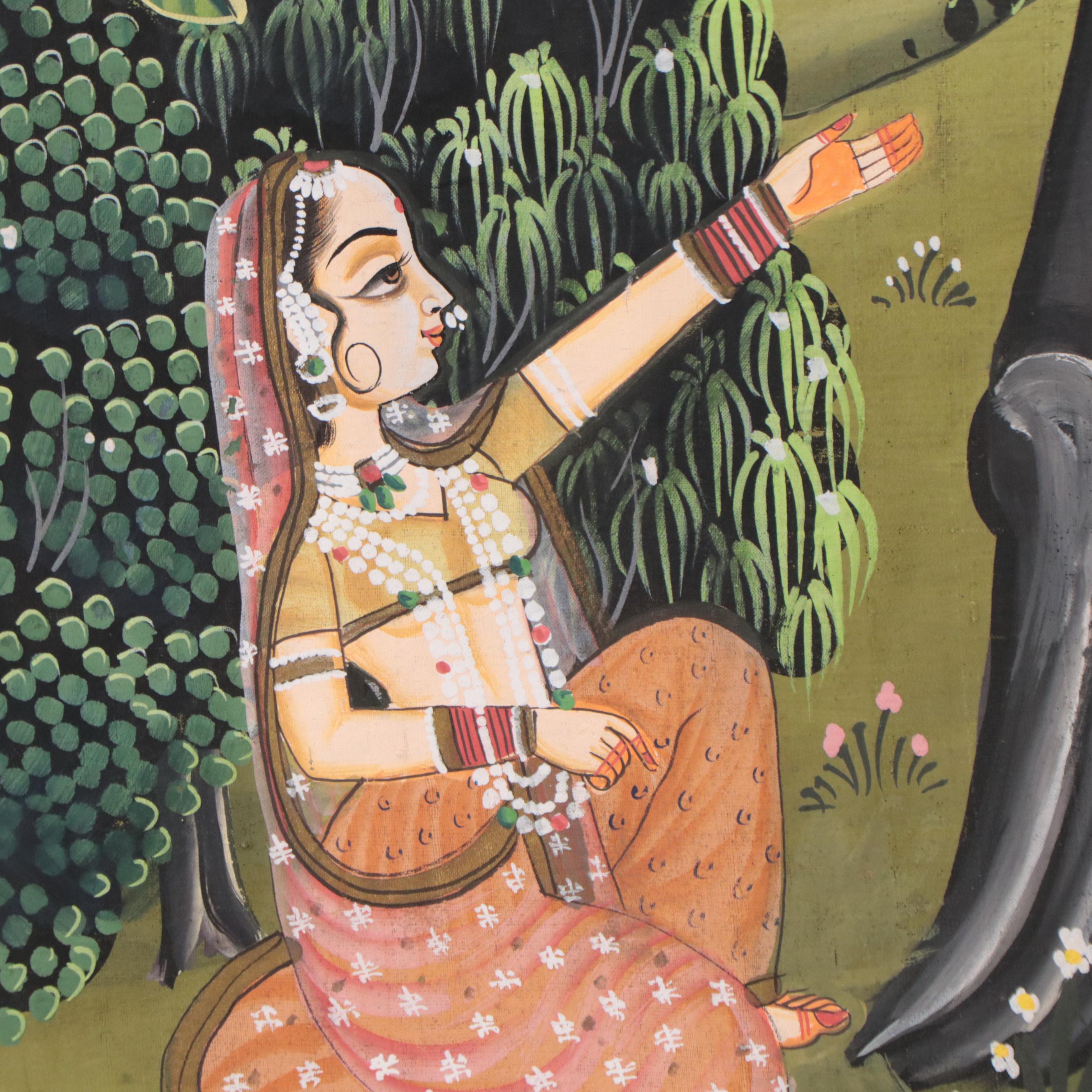 Indian Rajput Gouache Painting of Krishna and Radha