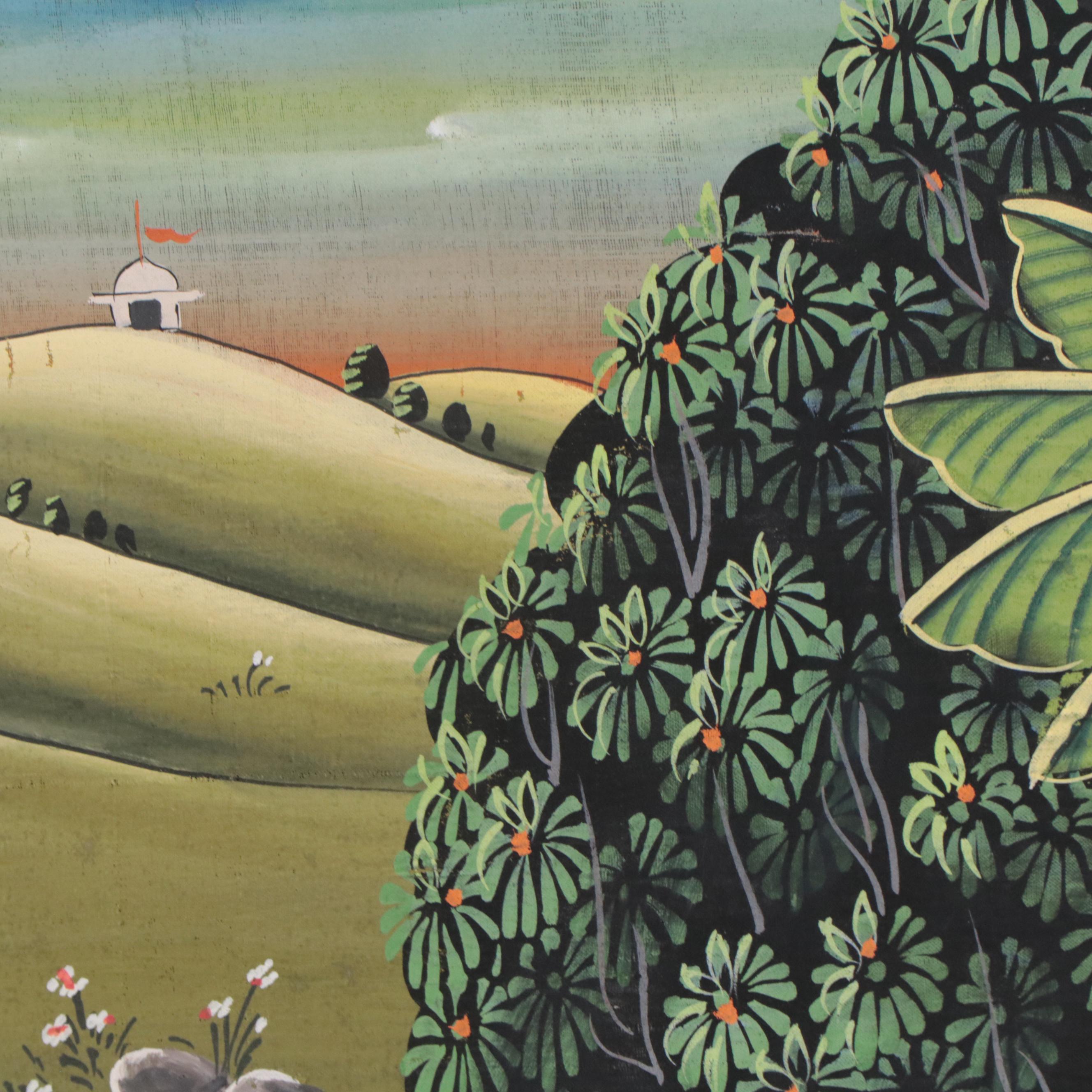 Indian Rajput Gouache Painting of Krishna and Radha