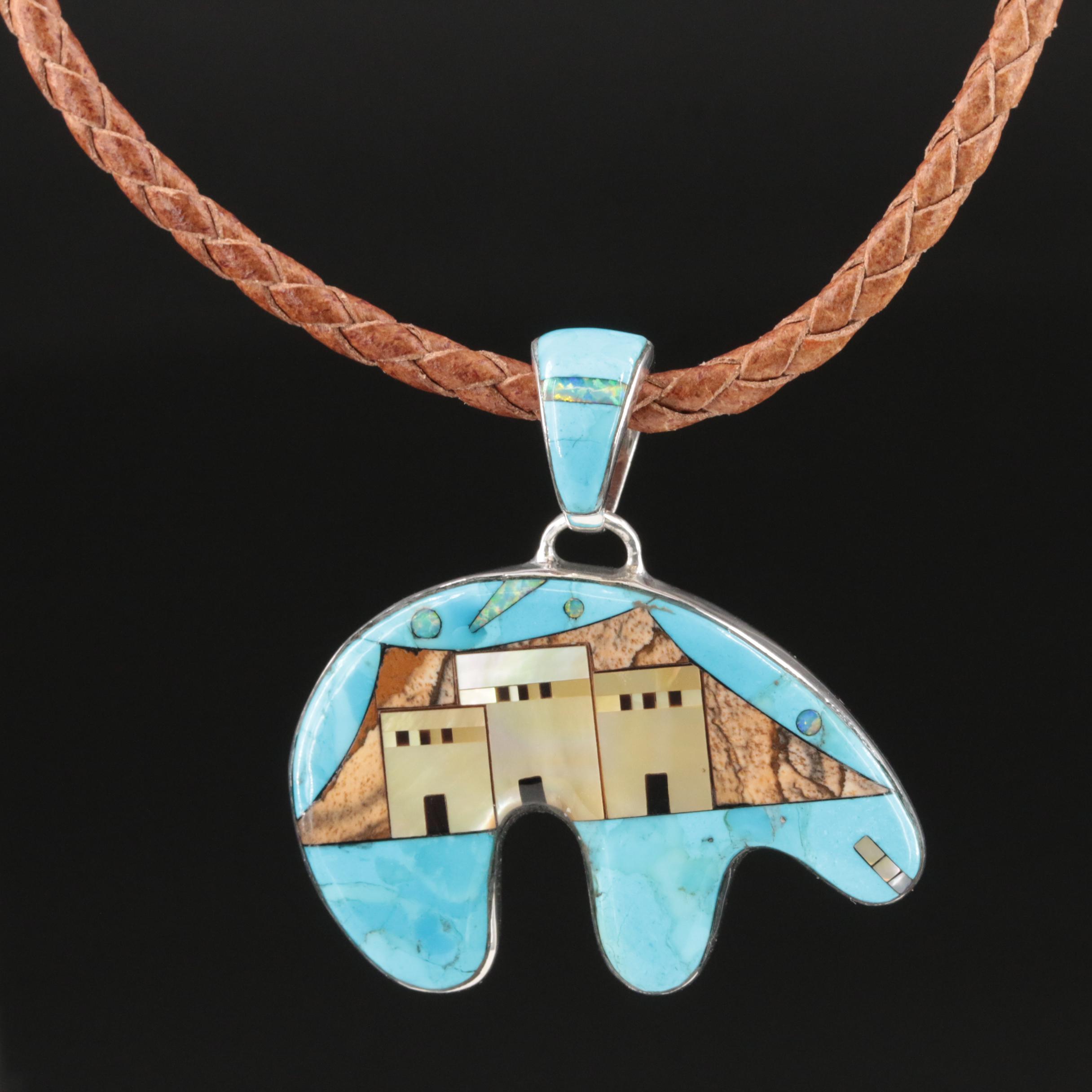 Southwestern Sterling Mother-of-Pearl and Turquoise Inlay Bear Pendant Necklace