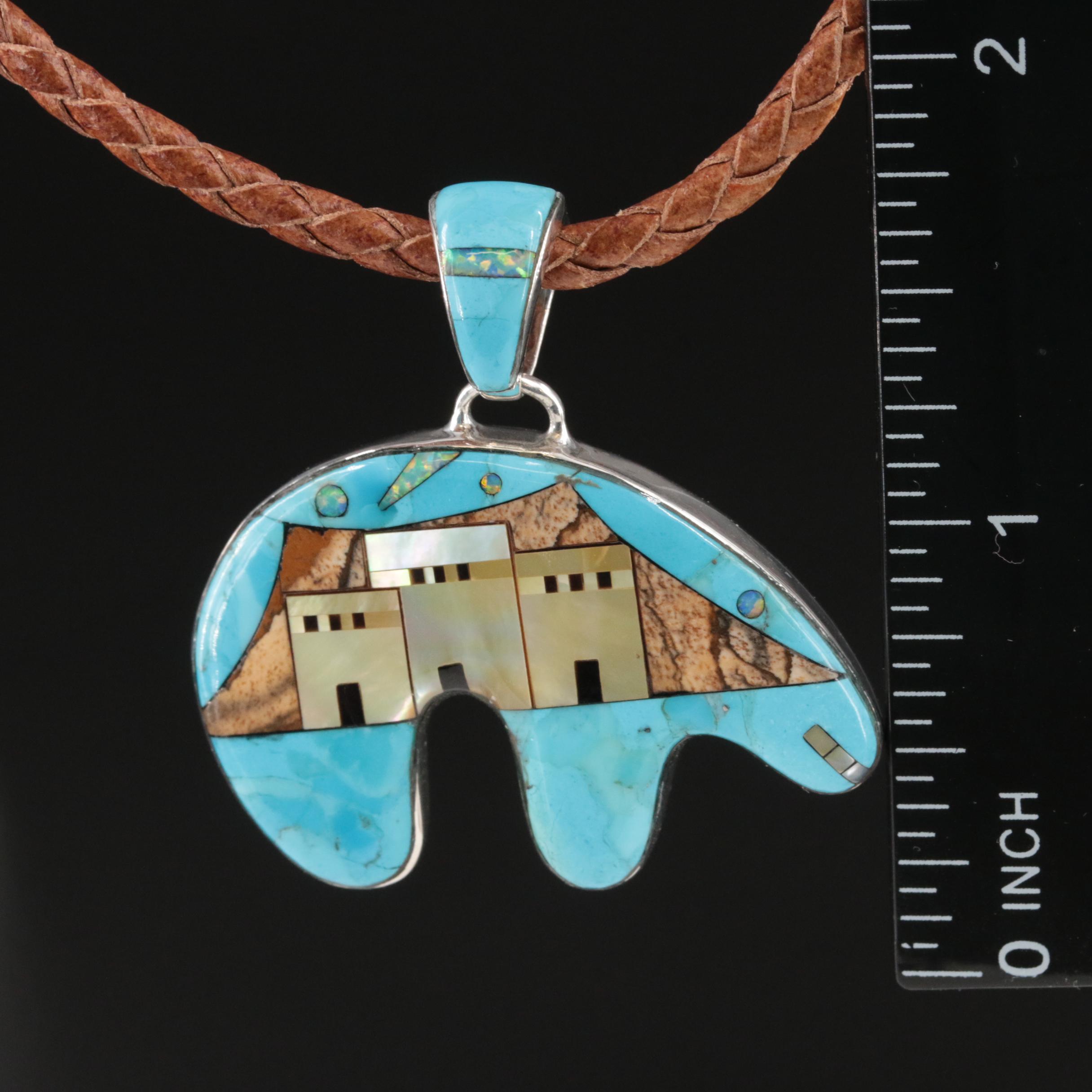 Southwestern Sterling Mother-of-Pearl and Turquoise Inlay Bear Pendant Necklace