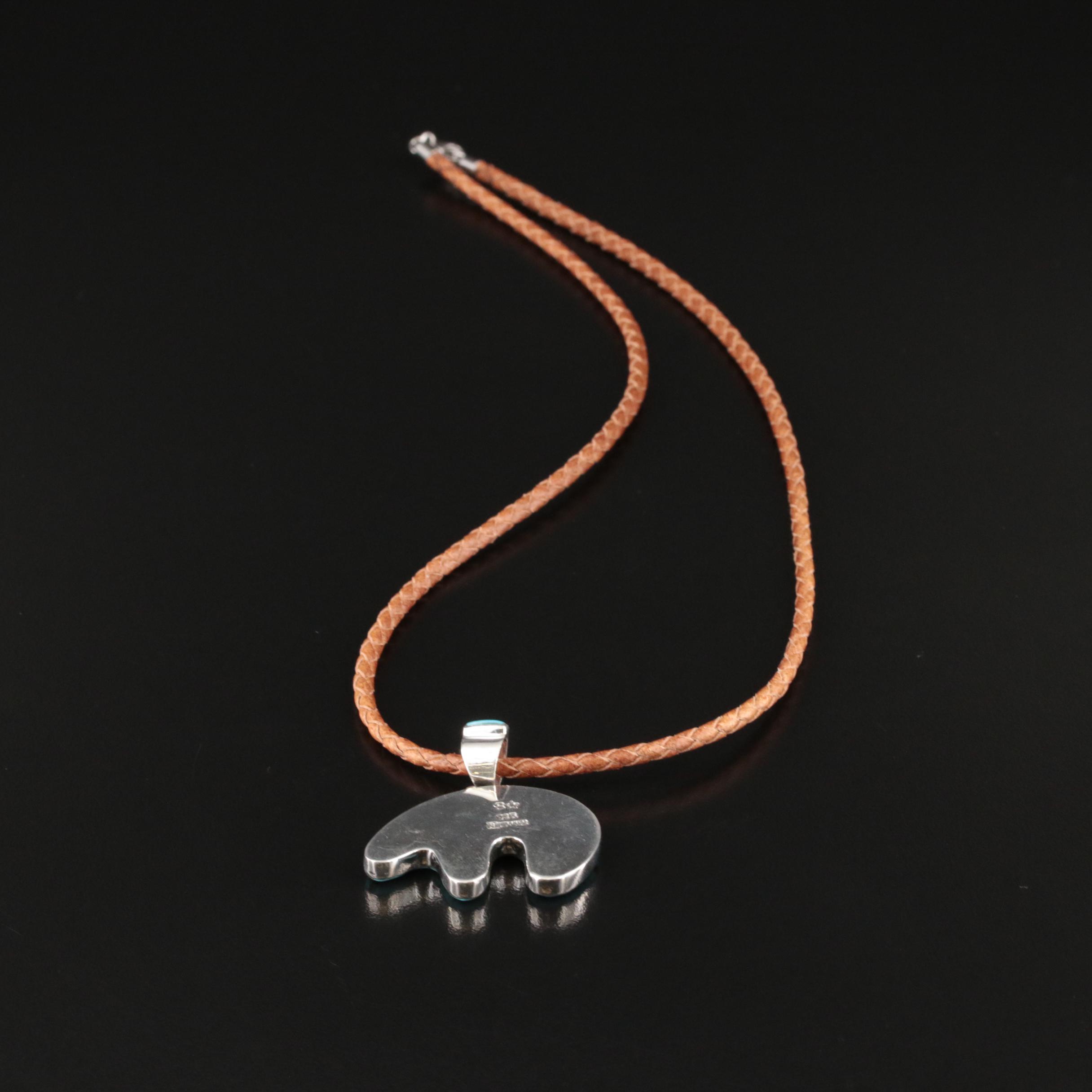 Southwestern Sterling Mother-of-Pearl and Turquoise Inlay Bear Pendant Necklace