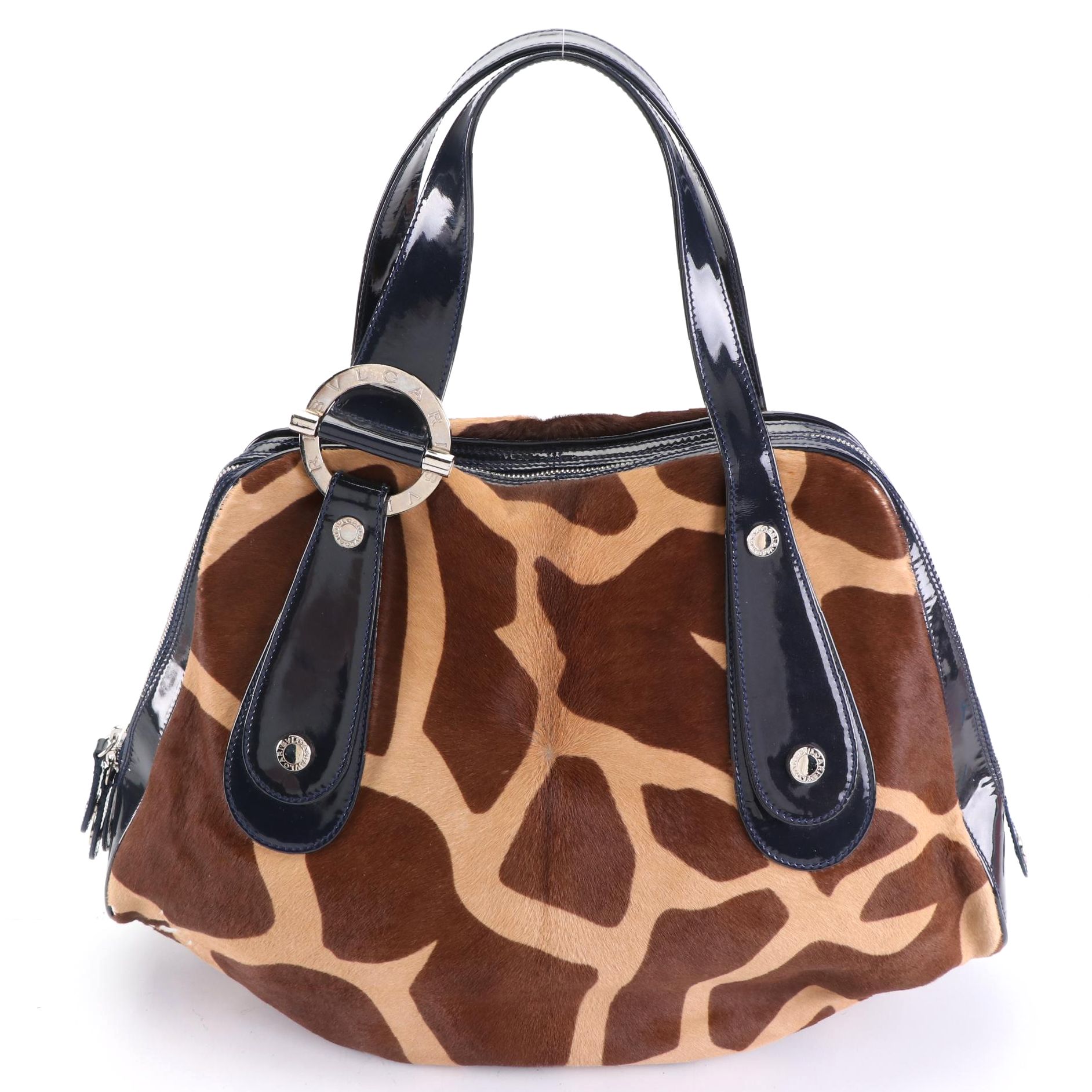 BVLGARI Shoulder Bag in Giraffe Print Calf Hair with Patent Leather Trim