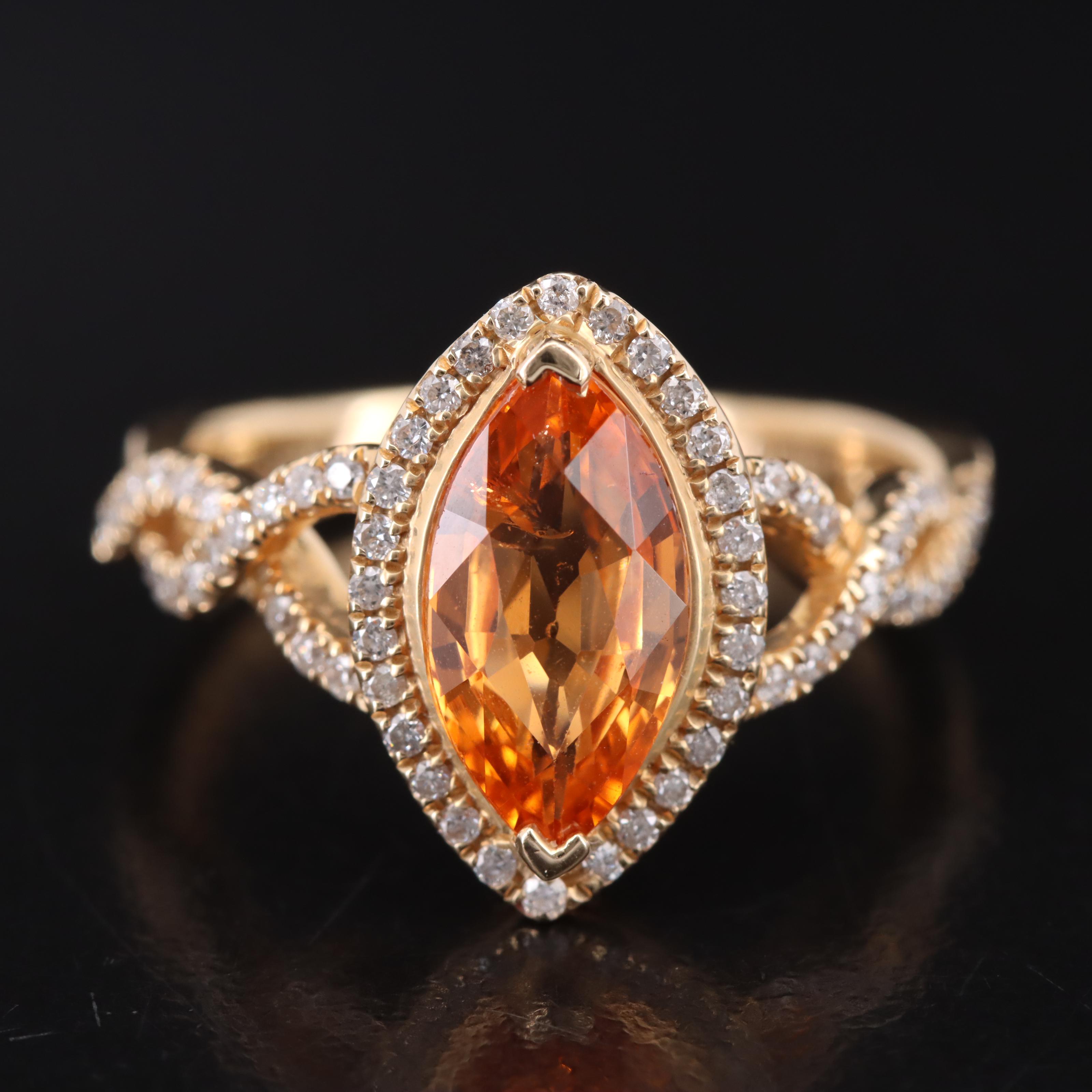 14K Spessartite Garnet and Diamond Navette Halo Ring