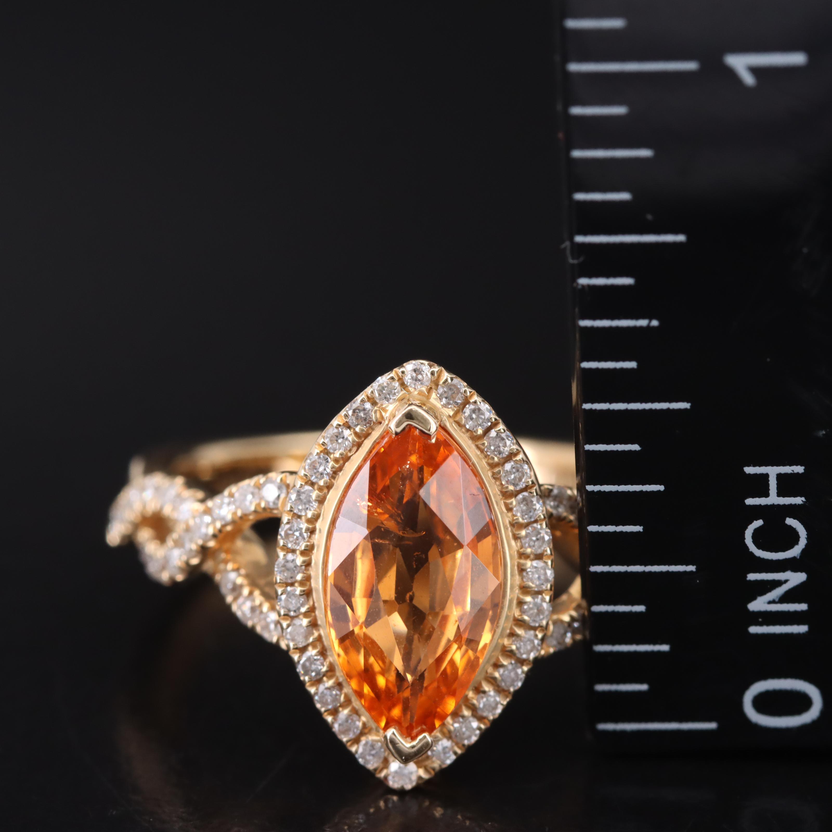 14K Spessartite Garnet and Diamond Navette Halo Ring