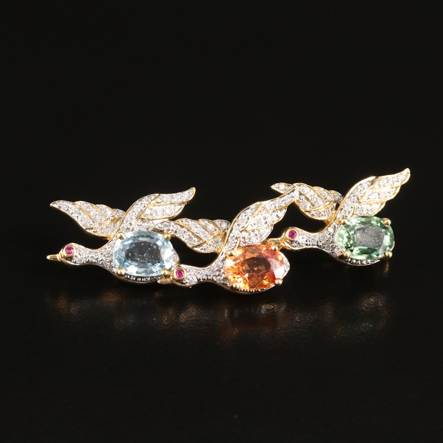 18K Sapphire, Diamond and Ruby Three Bird Brooch