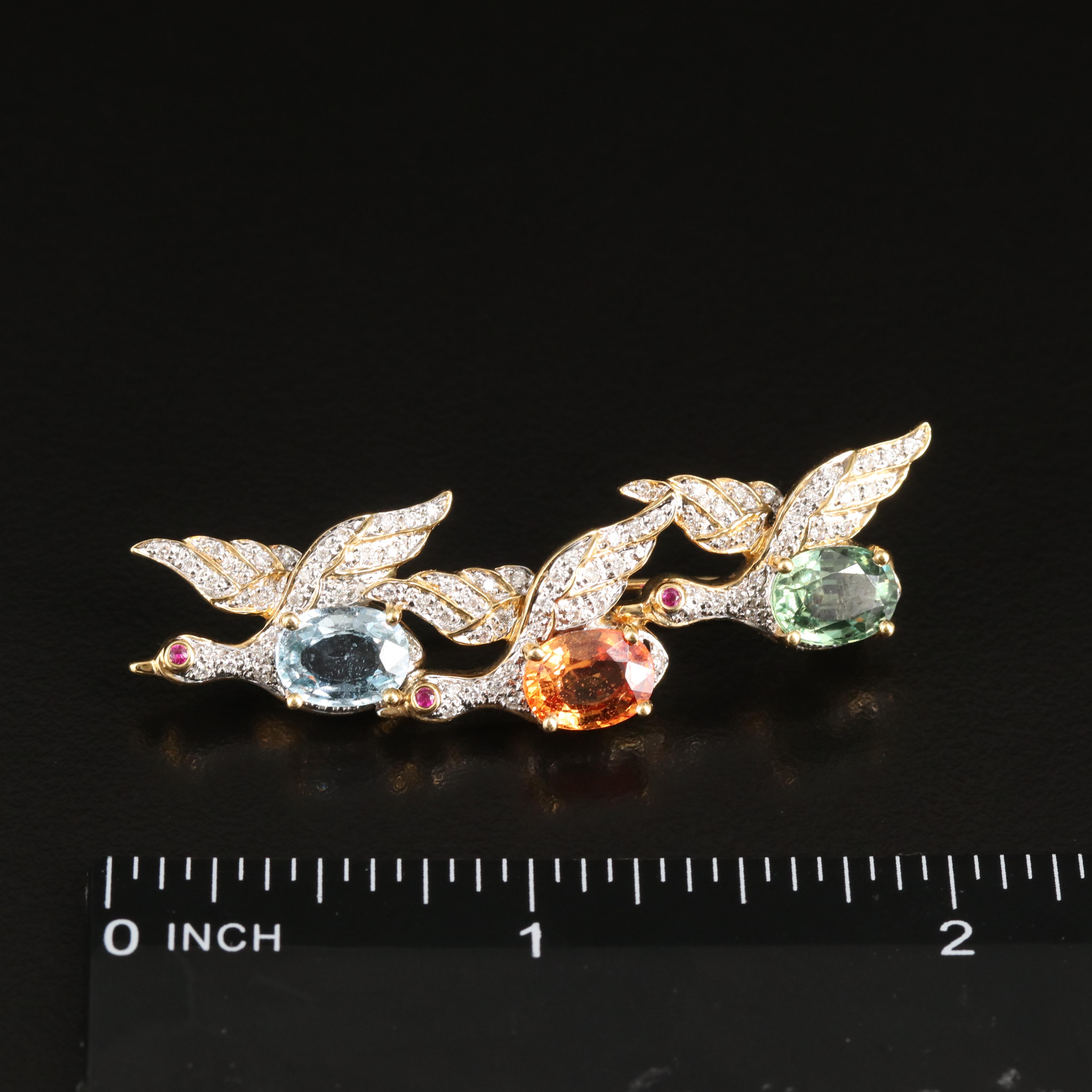 18K Sapphire, Diamond and Ruby Three Bird Brooch