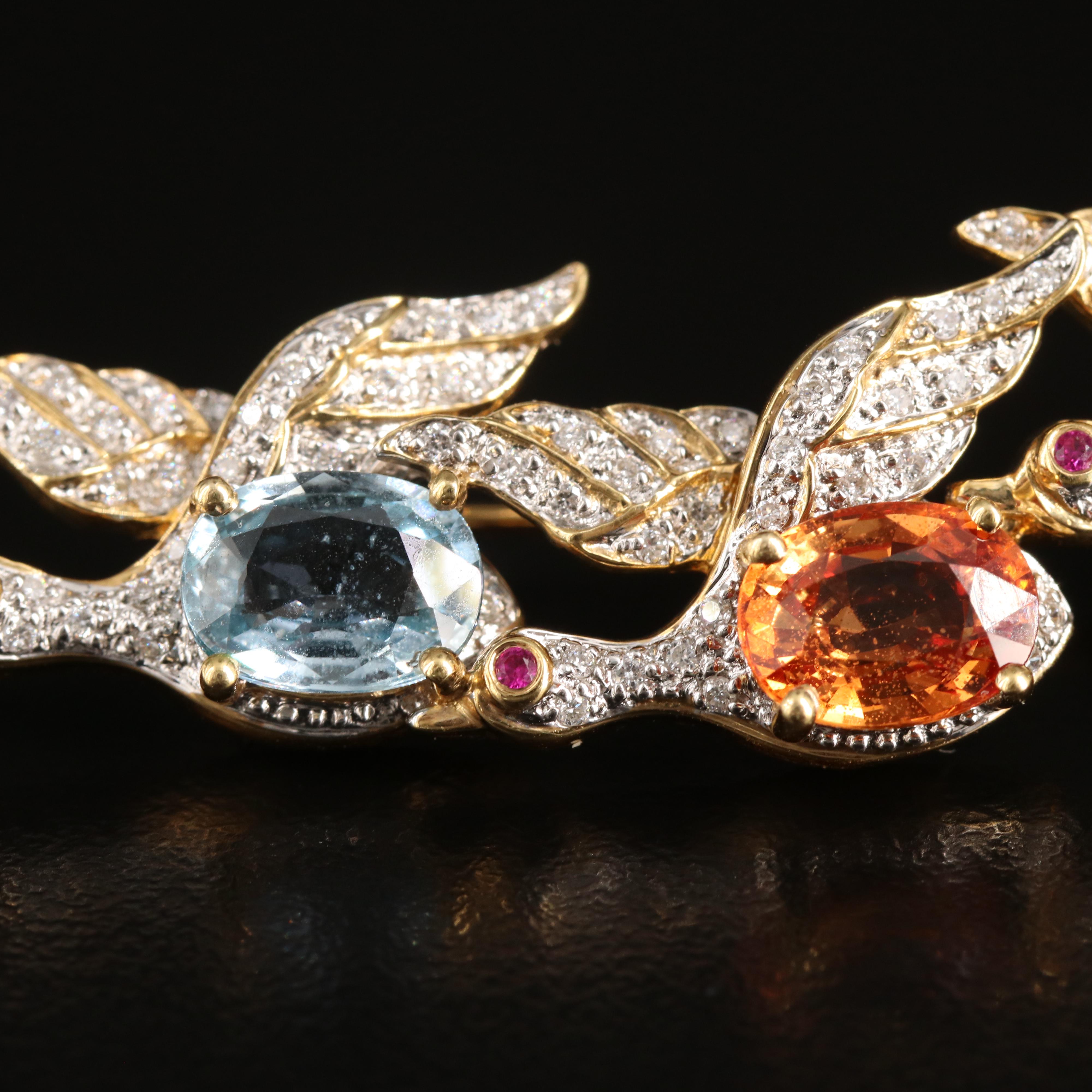 18K Sapphire, Diamond and Ruby Three Bird Brooch