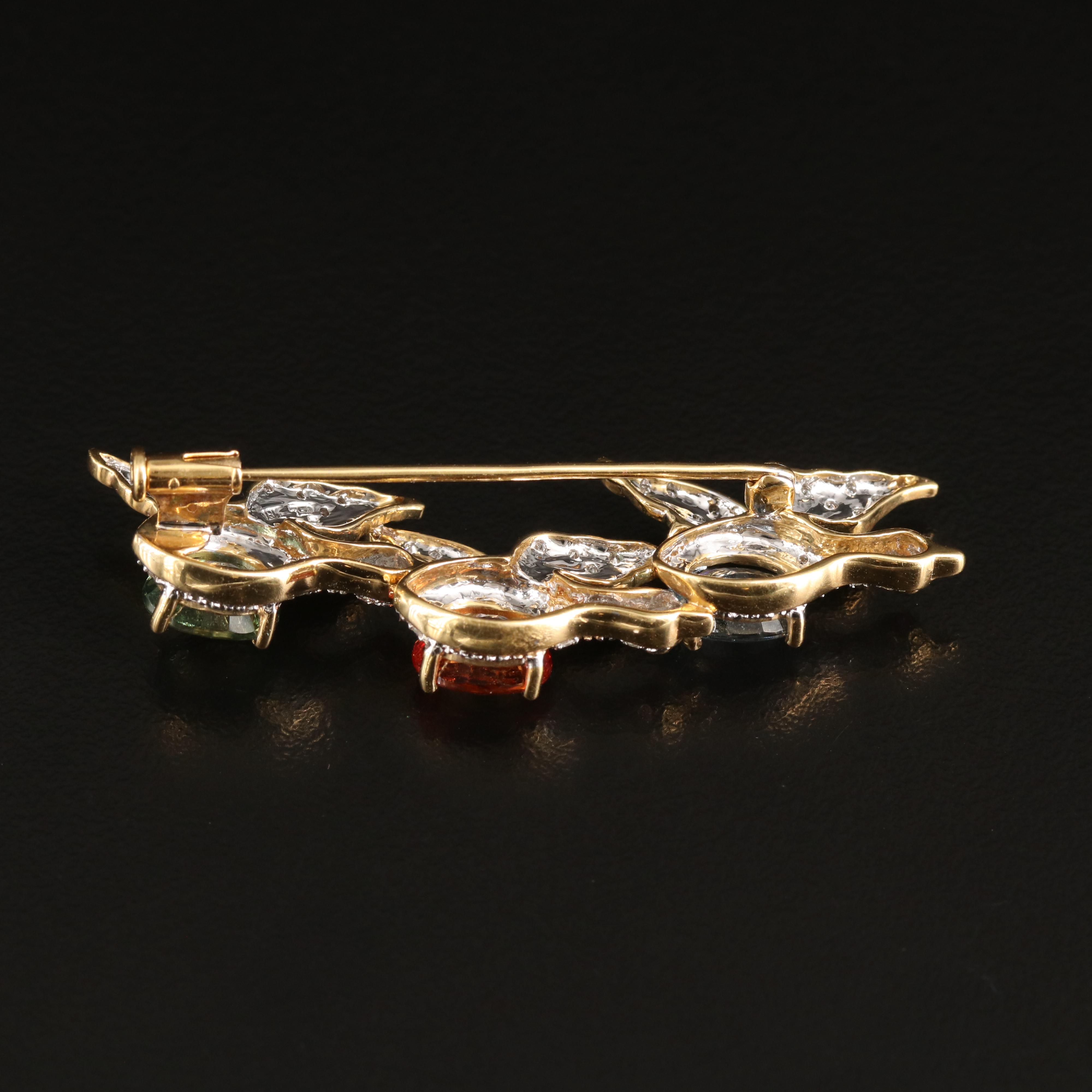 18K Sapphire, Diamond and Ruby Three Bird Brooch