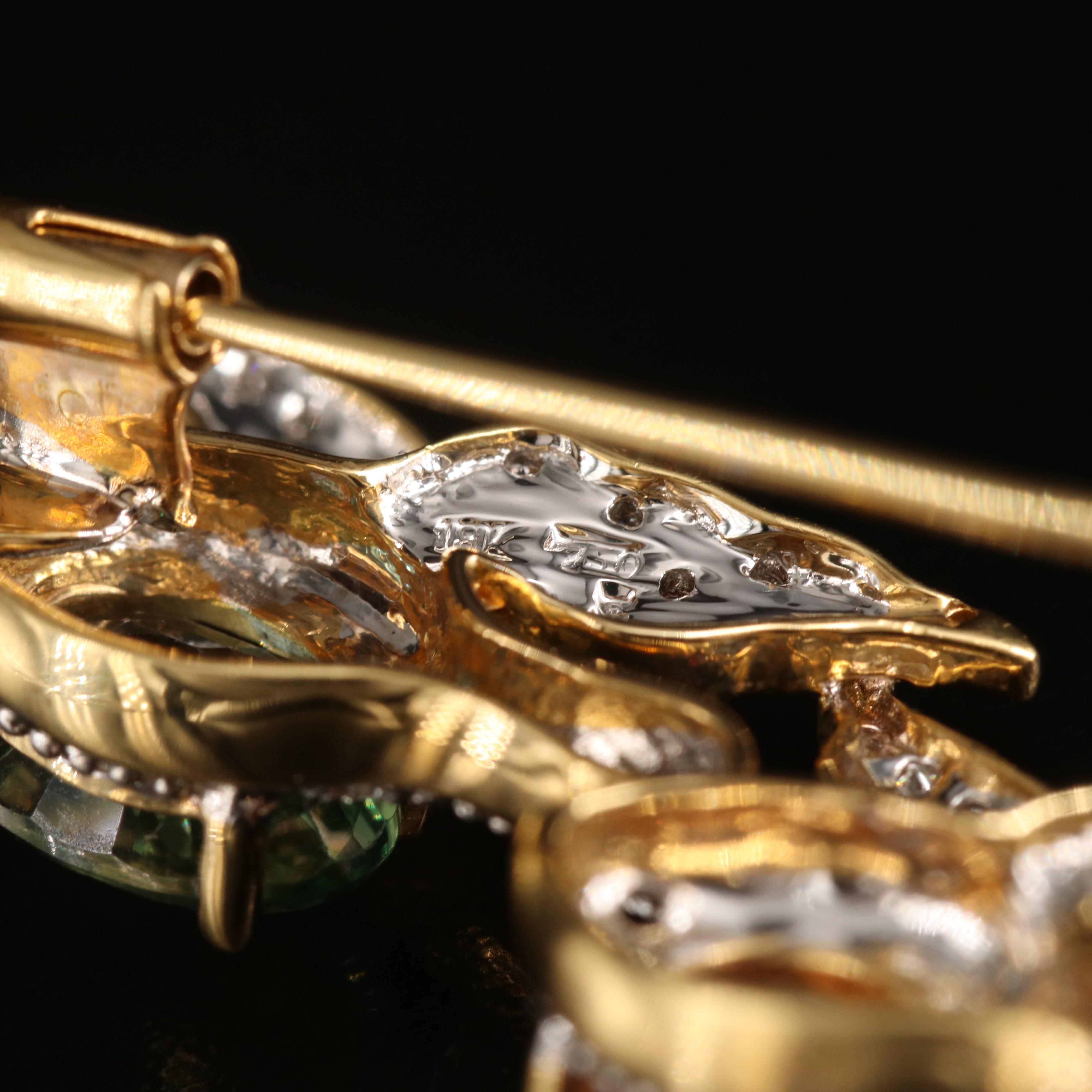 18K Sapphire, Diamond and Ruby Three Bird Brooch