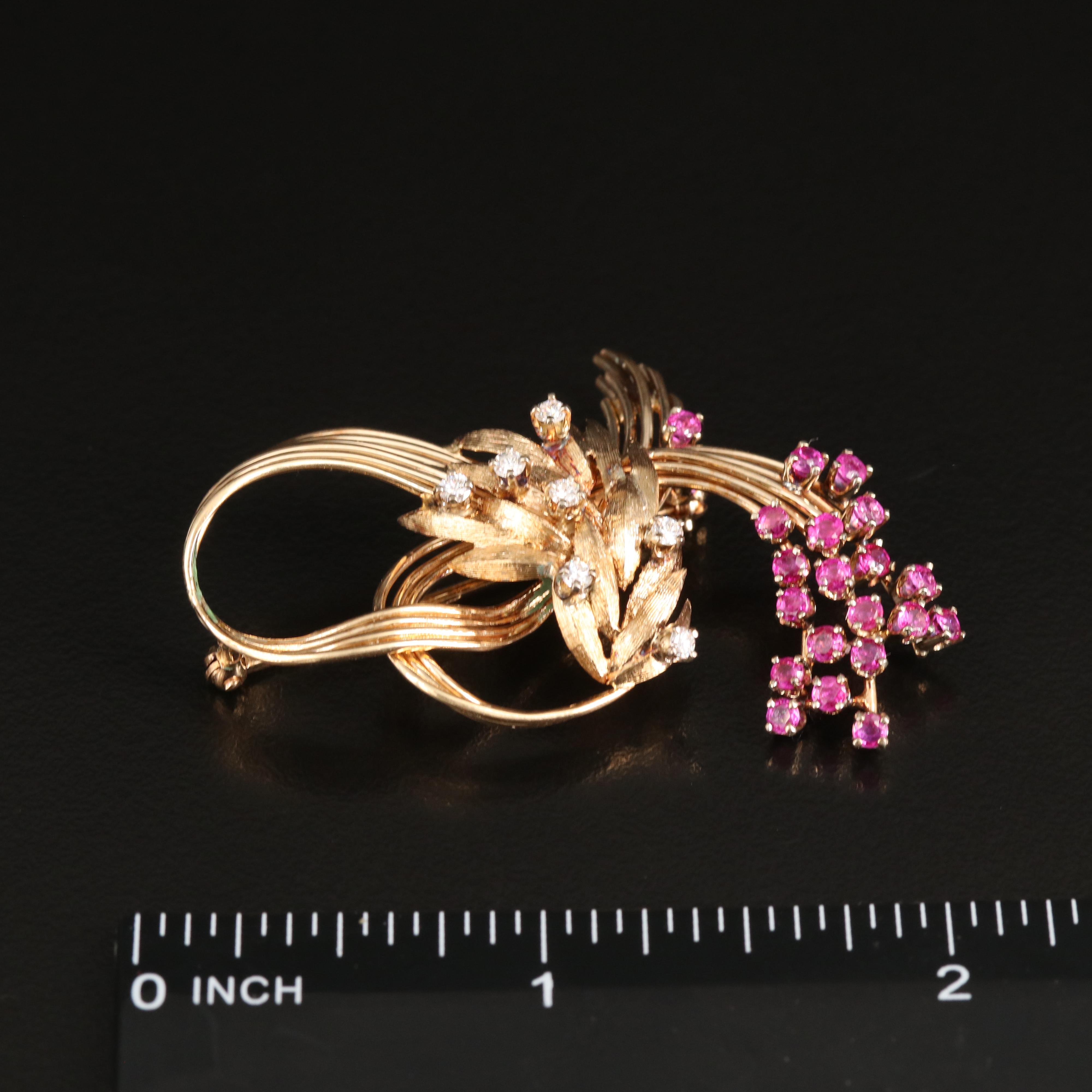 Retro 14K Diamond and Ruby Spray Brooch