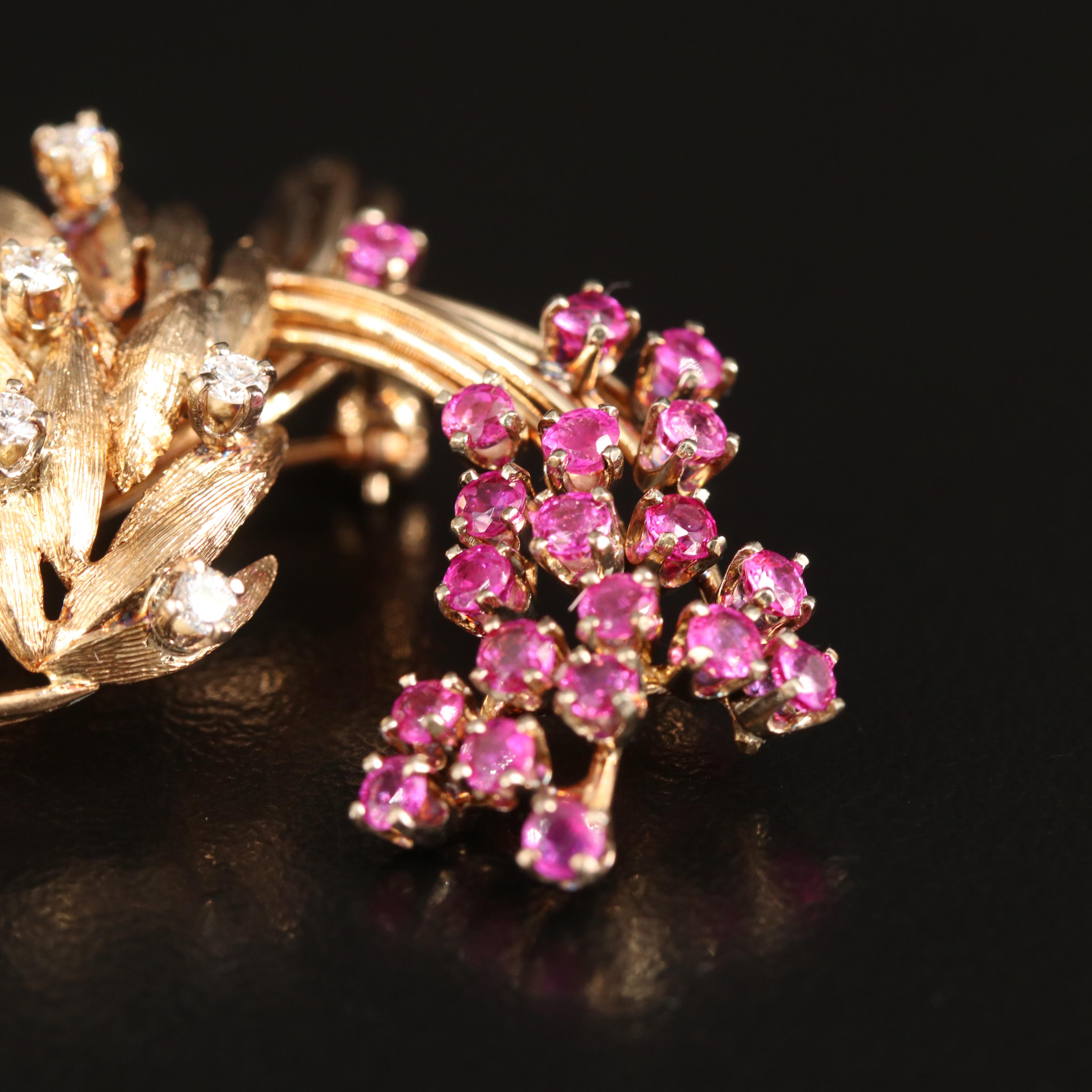 Retro 14K Diamond and Ruby Spray Brooch