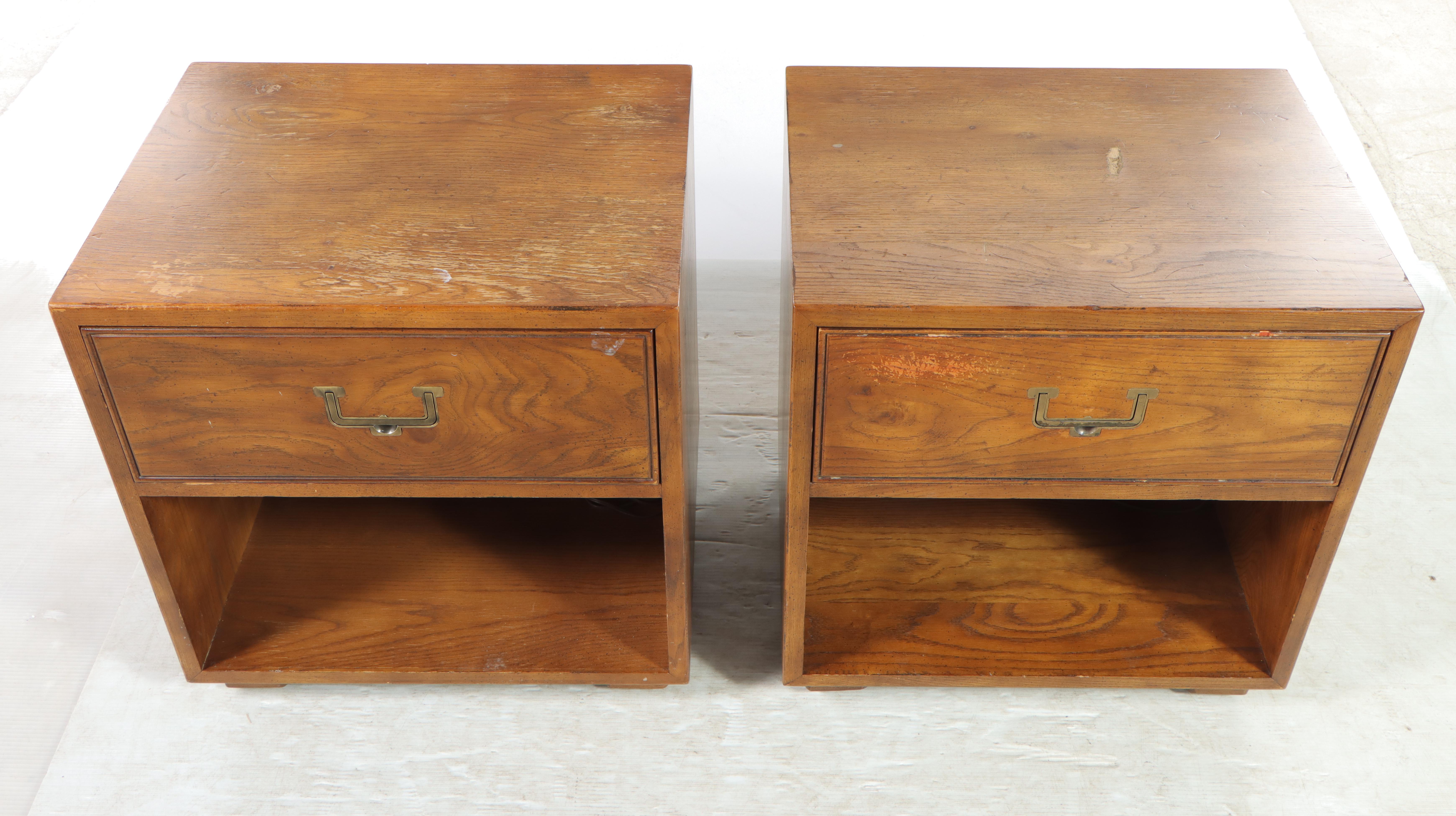 Pair of Henredon "Artefacts" Campaign Style Oak Nightstands, circa 1970