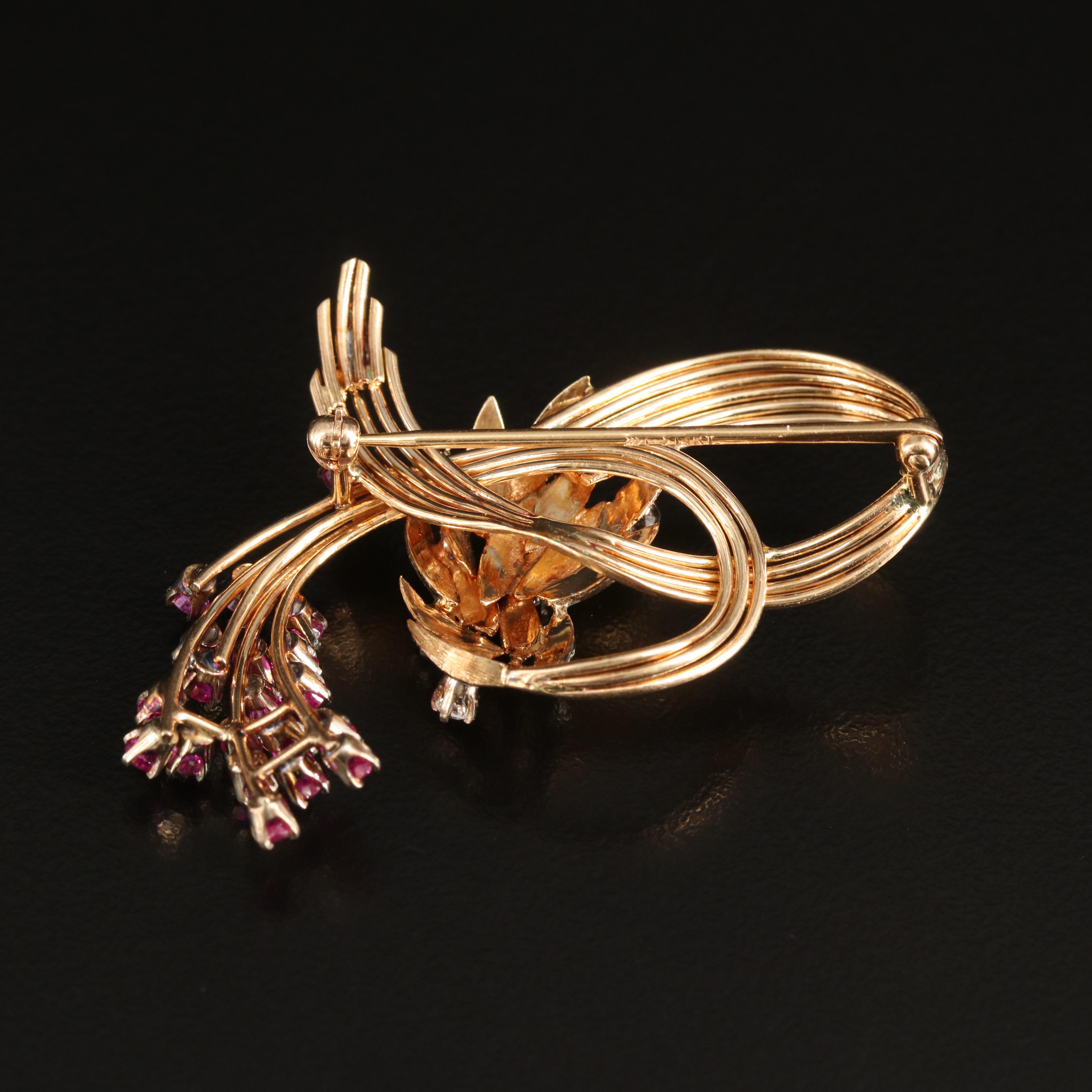 Retro 14K Diamond and Ruby Spray Brooch