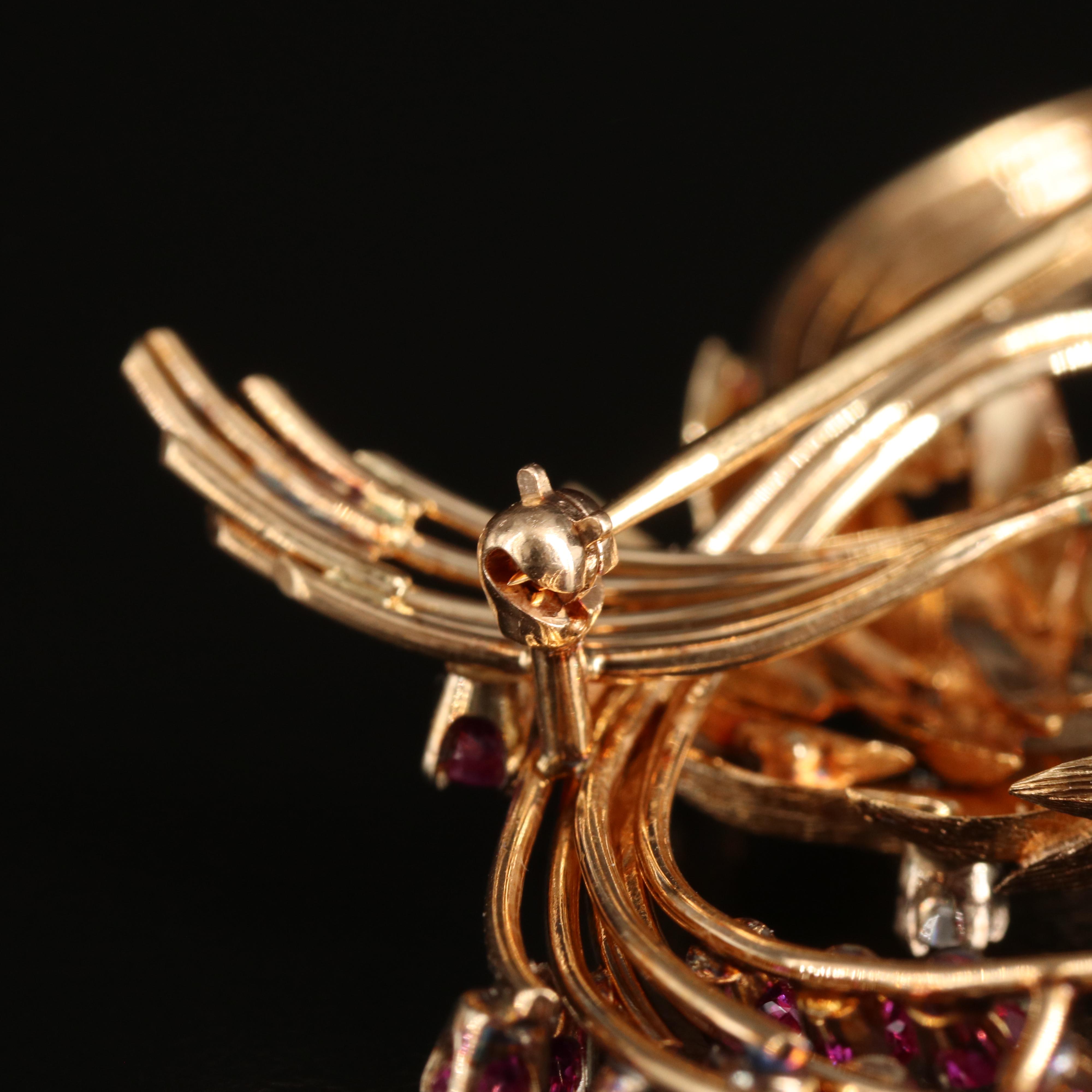 Retro 14K Diamond and Ruby Spray Brooch