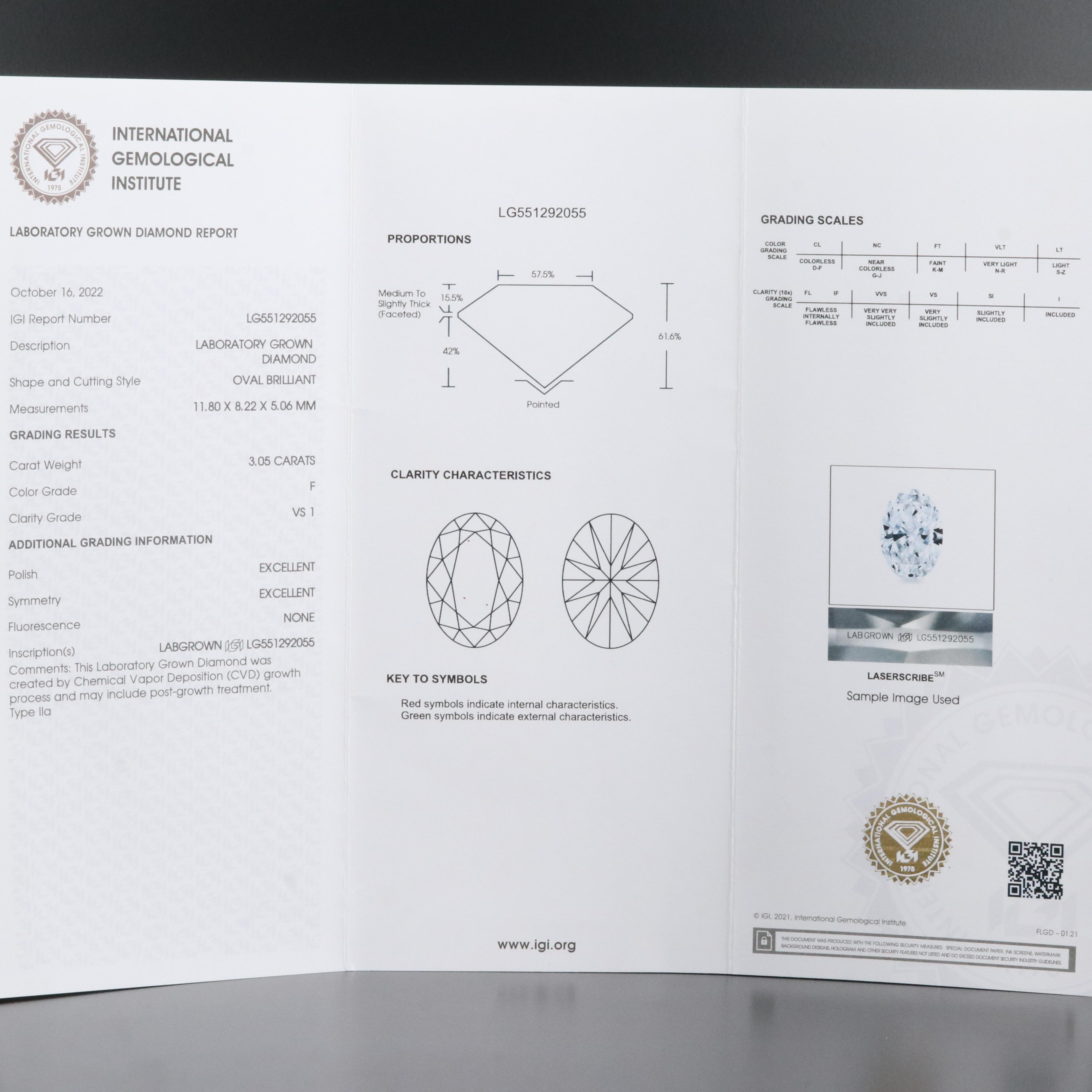 Loose 3.05 CT Lab Grown Diamond with IGI Report