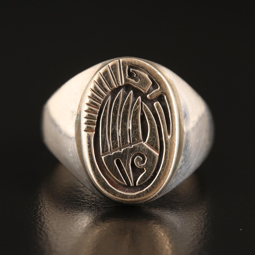 Calvin Peterson Navajo Diné Sterling Bear Paw Signet Ring with 14K Top