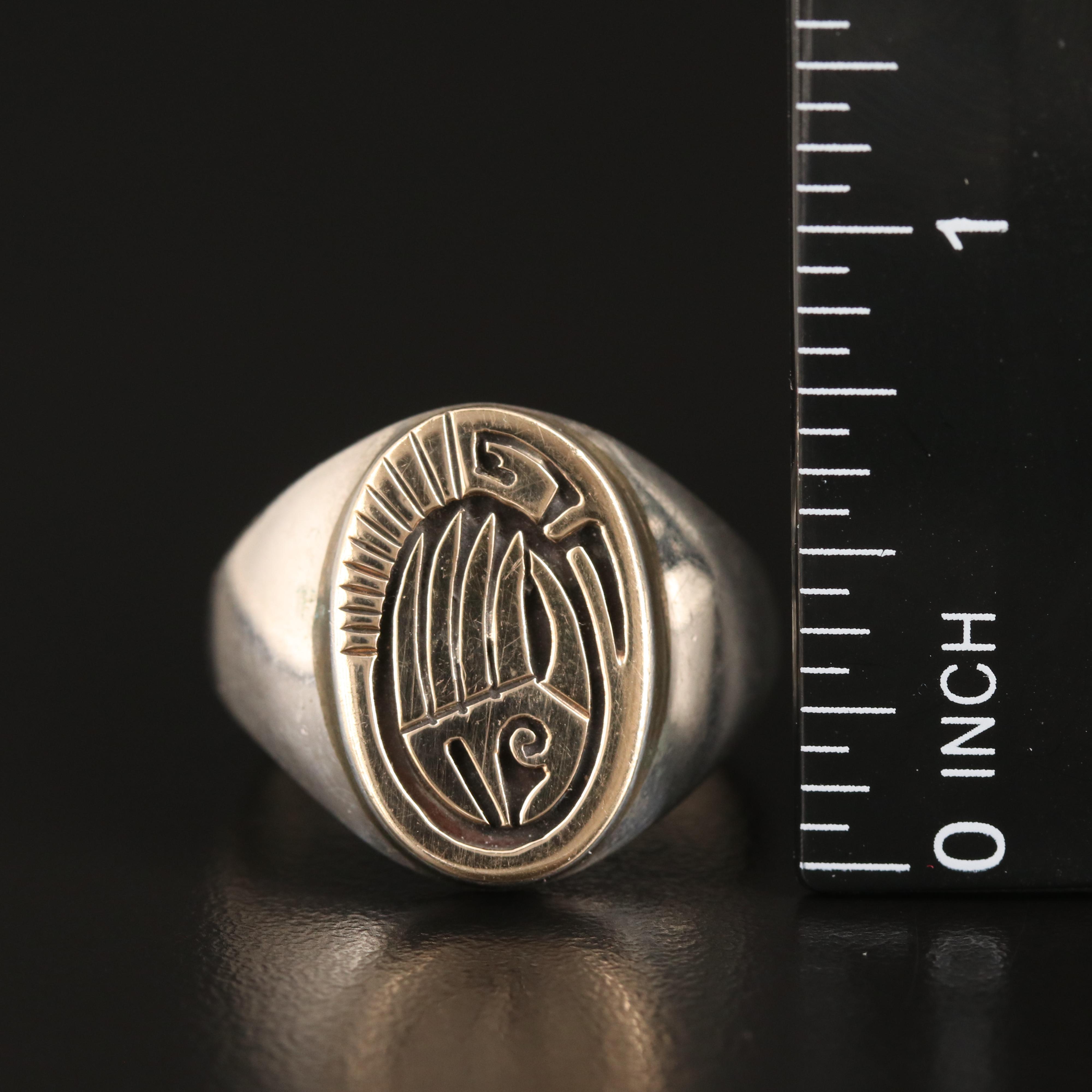 Calvin Peterson Navajo Diné Sterling Bear Paw Signet Ring with 14K Top