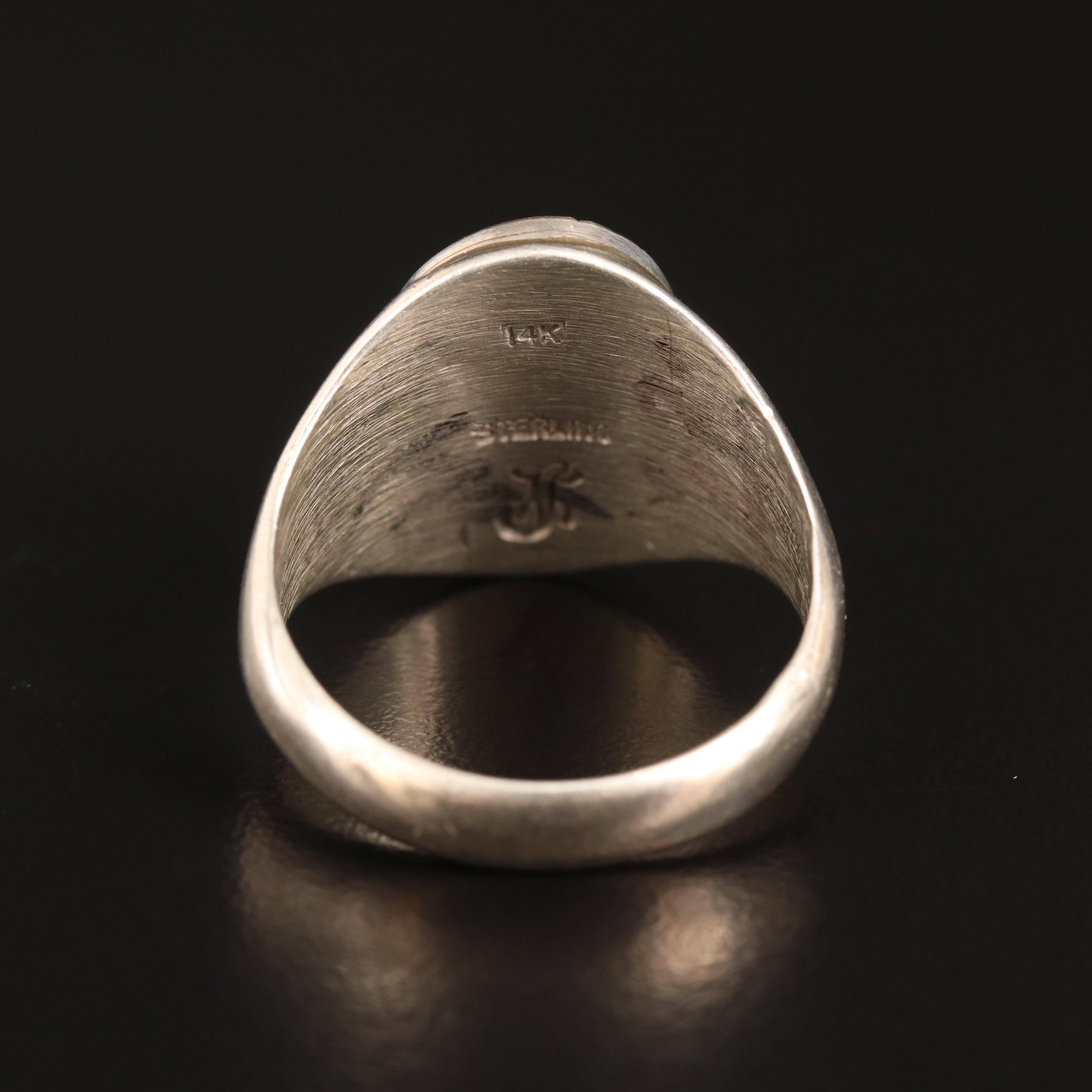 Calvin Peterson Navajo Diné Sterling Bear Paw Signet Ring with 14K Top