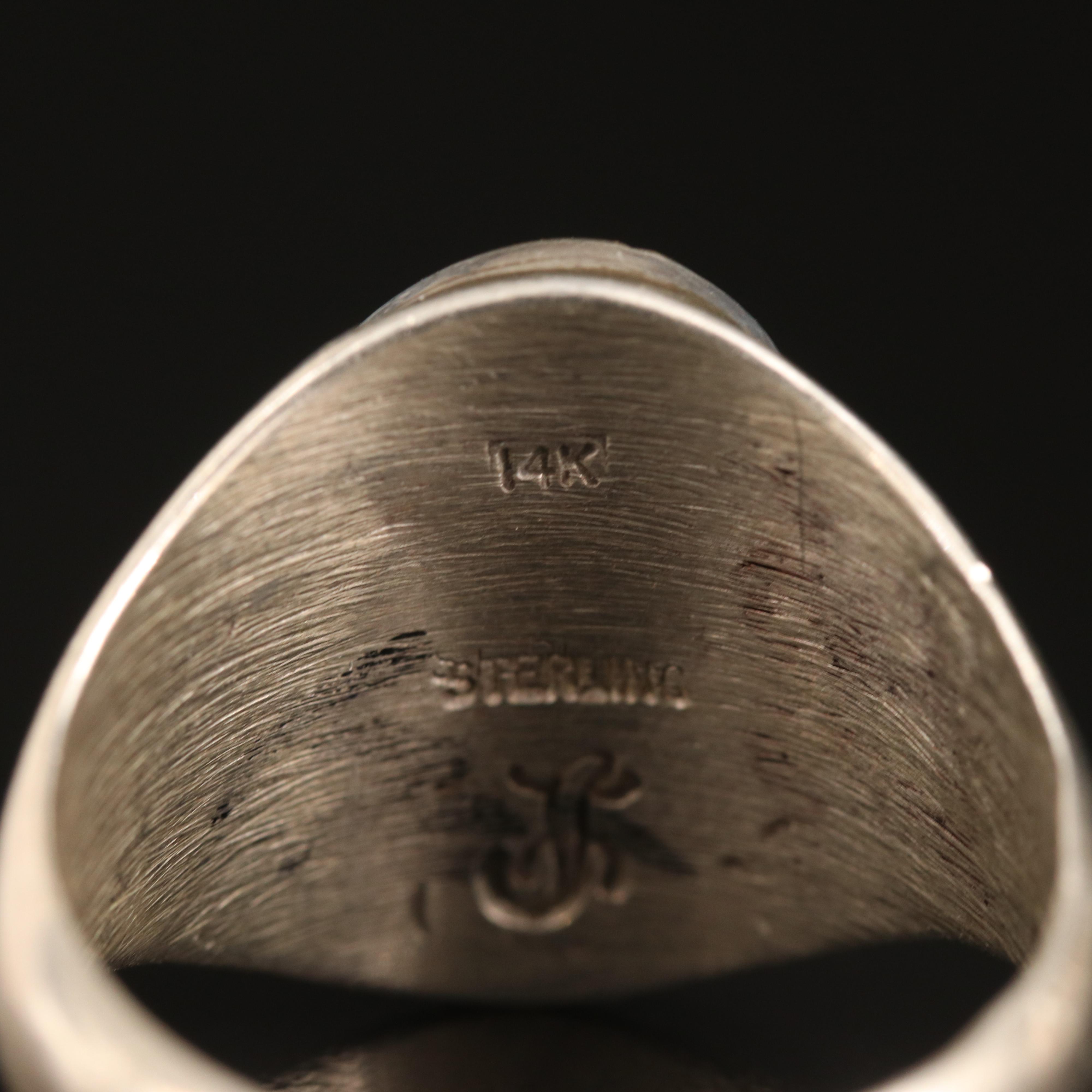 Calvin Peterson Navajo Diné Sterling Bear Paw Signet Ring with 14K Top