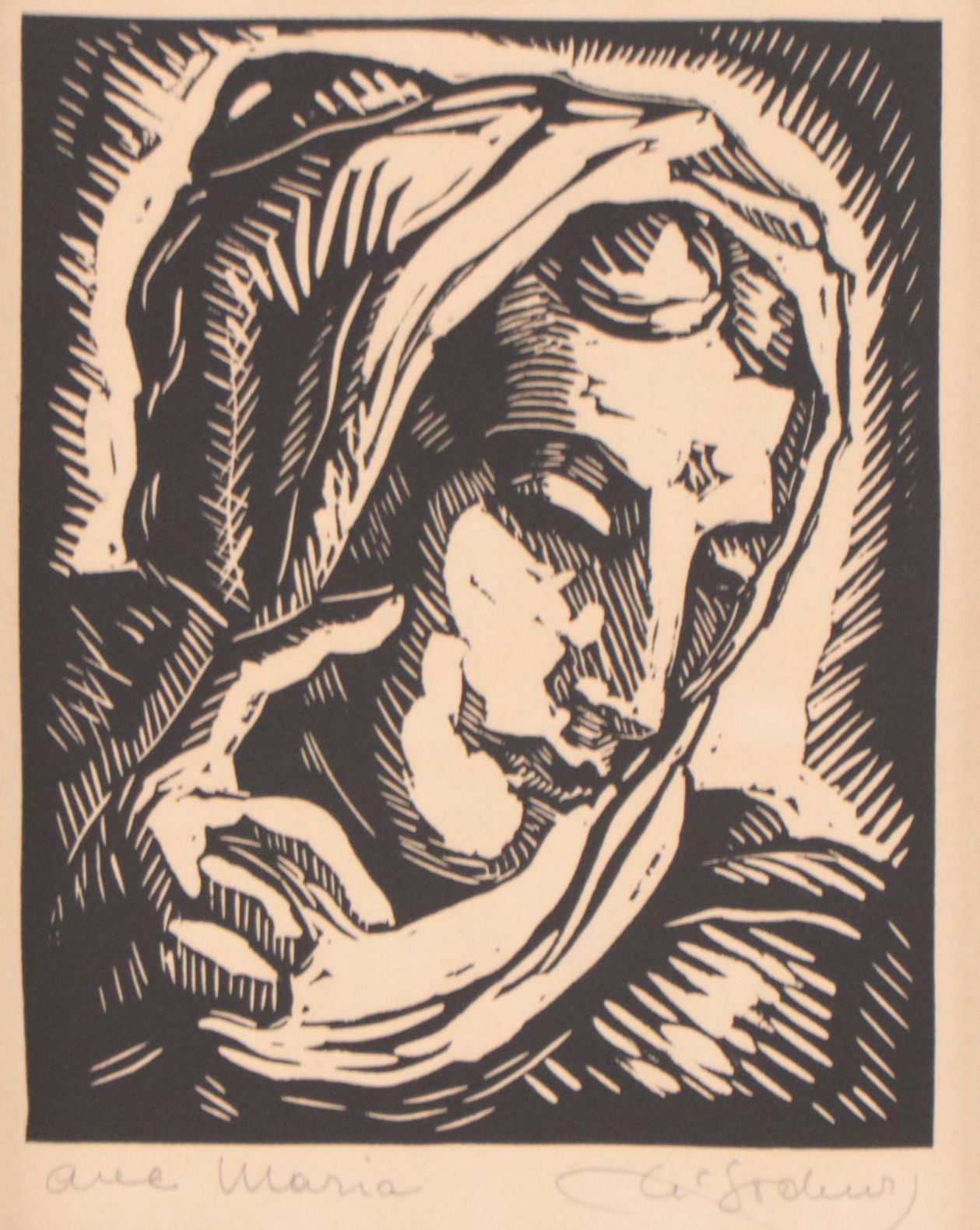 Bozena Sochor Linocut "Ave Maria," Mid-20th Century