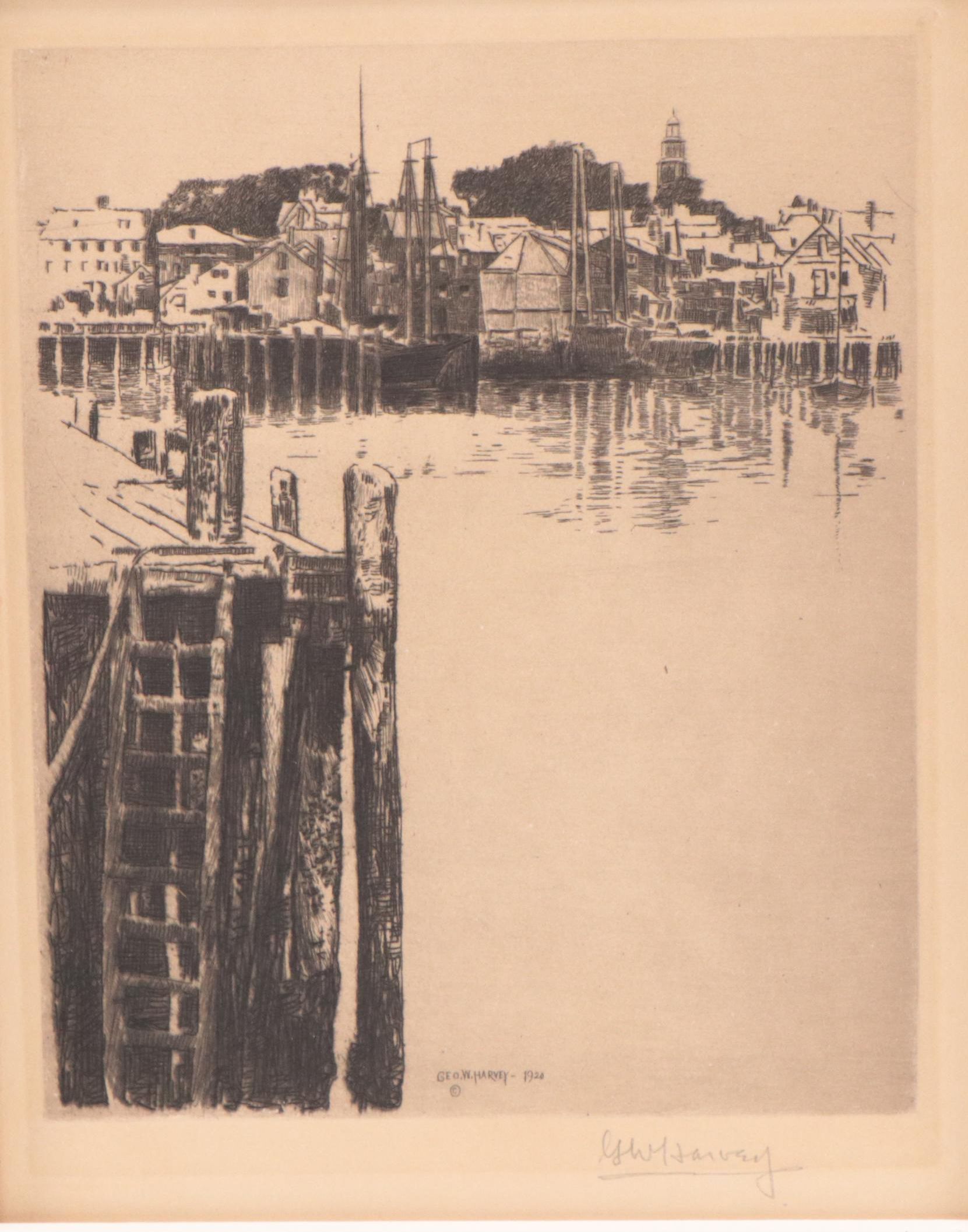George W. Harvey Etching "Harbor Cove, Gloucester, Mass." Circa 1925